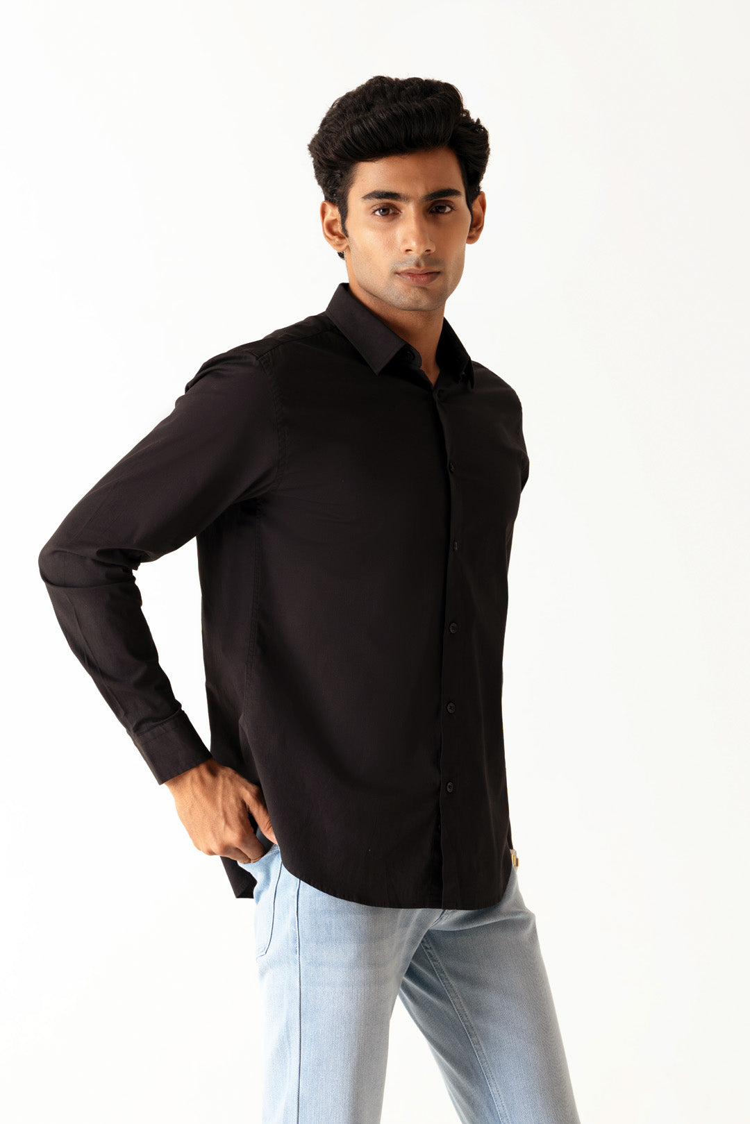 Solid Black Cotton Slim Fit Regular Collar Full Sleeve Shirt