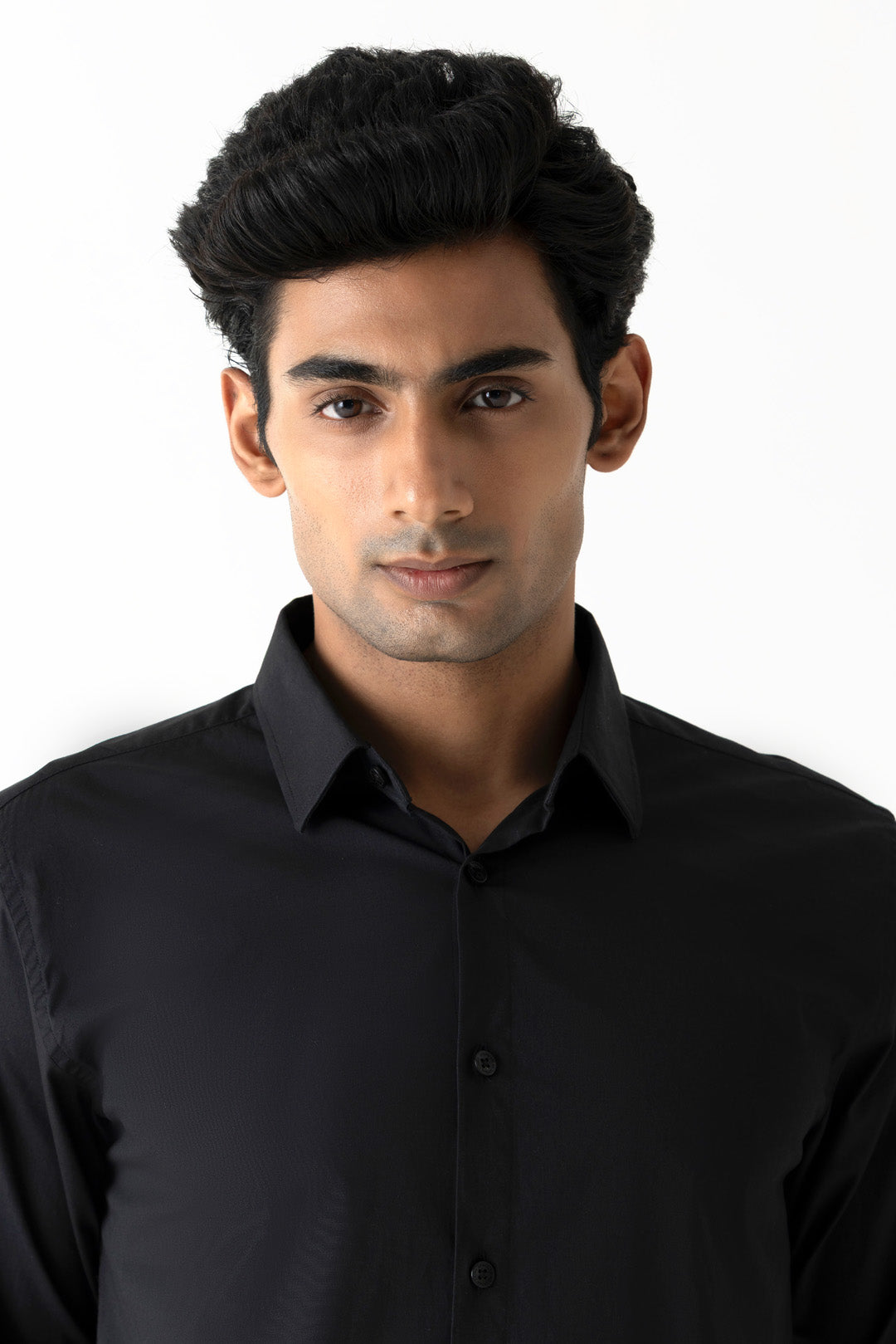 Solid Black Cotton Slim Fit Regular Collar Full Sleeve Shirt