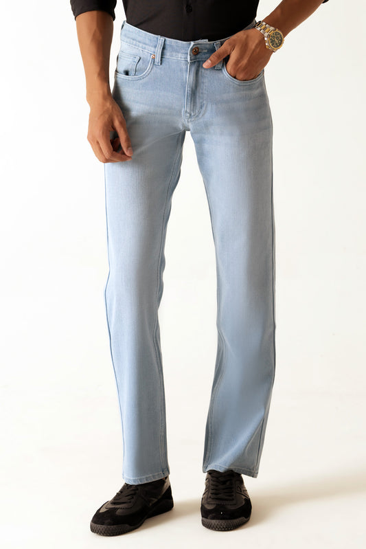Ice Blue Cotton Lyocell Slim Straight Regular Jeans