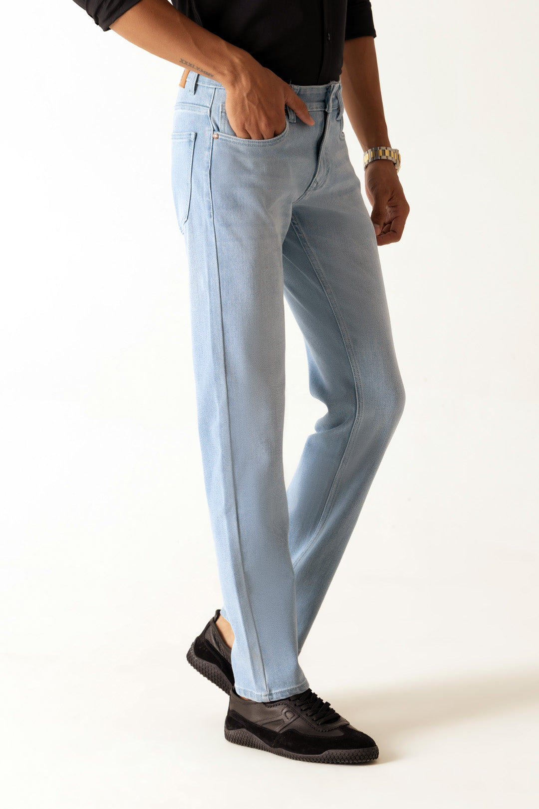 Ice Blue Cotton Lyocell Slim Straight Regular Jeans