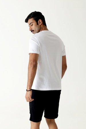 Mercerised White Cotton Black Tape Branding Crew Neck T-Shirt