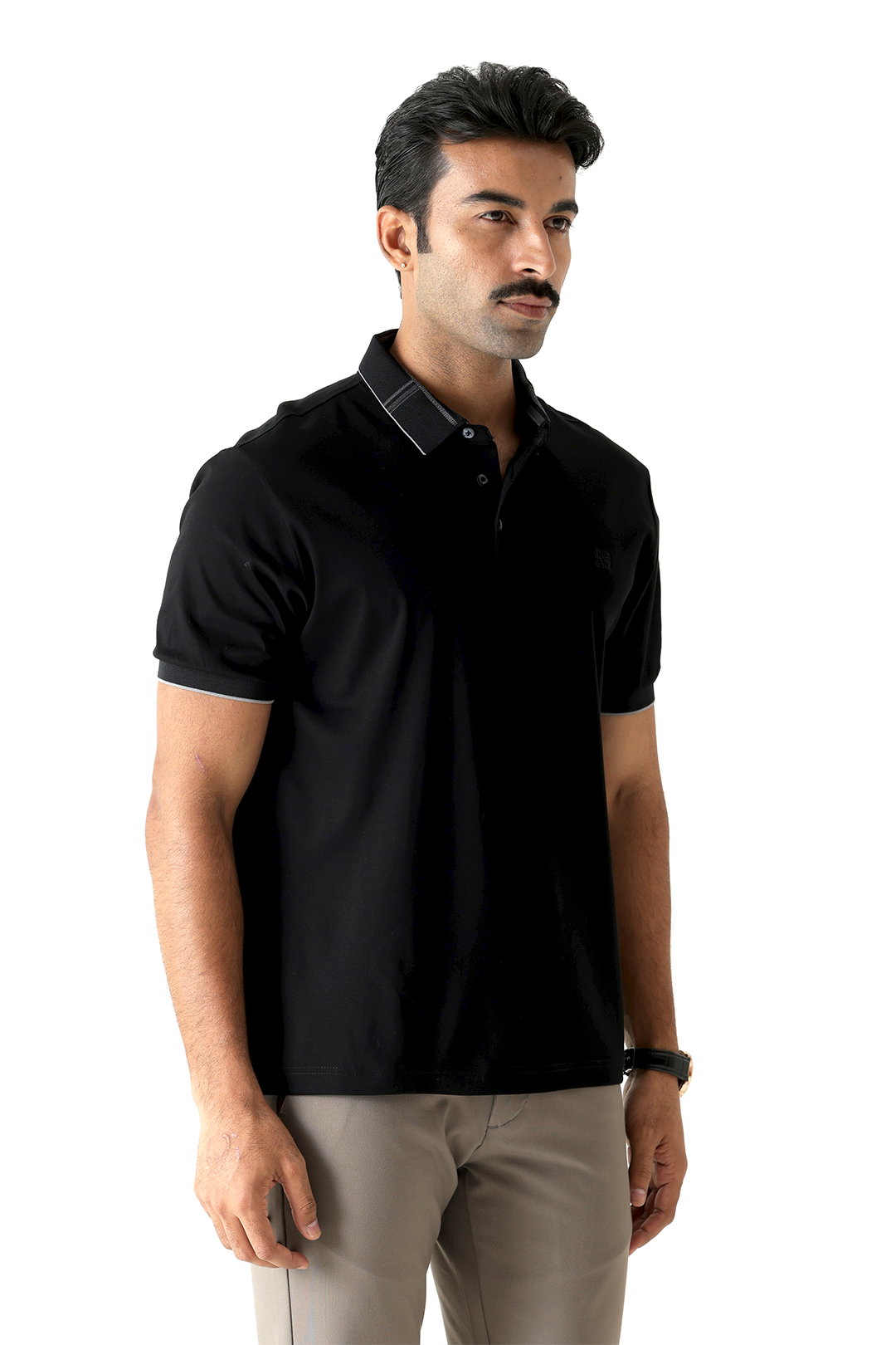 Tonal Embroidery Logo Classic Check Collar Black Colour Polo T-Shirt