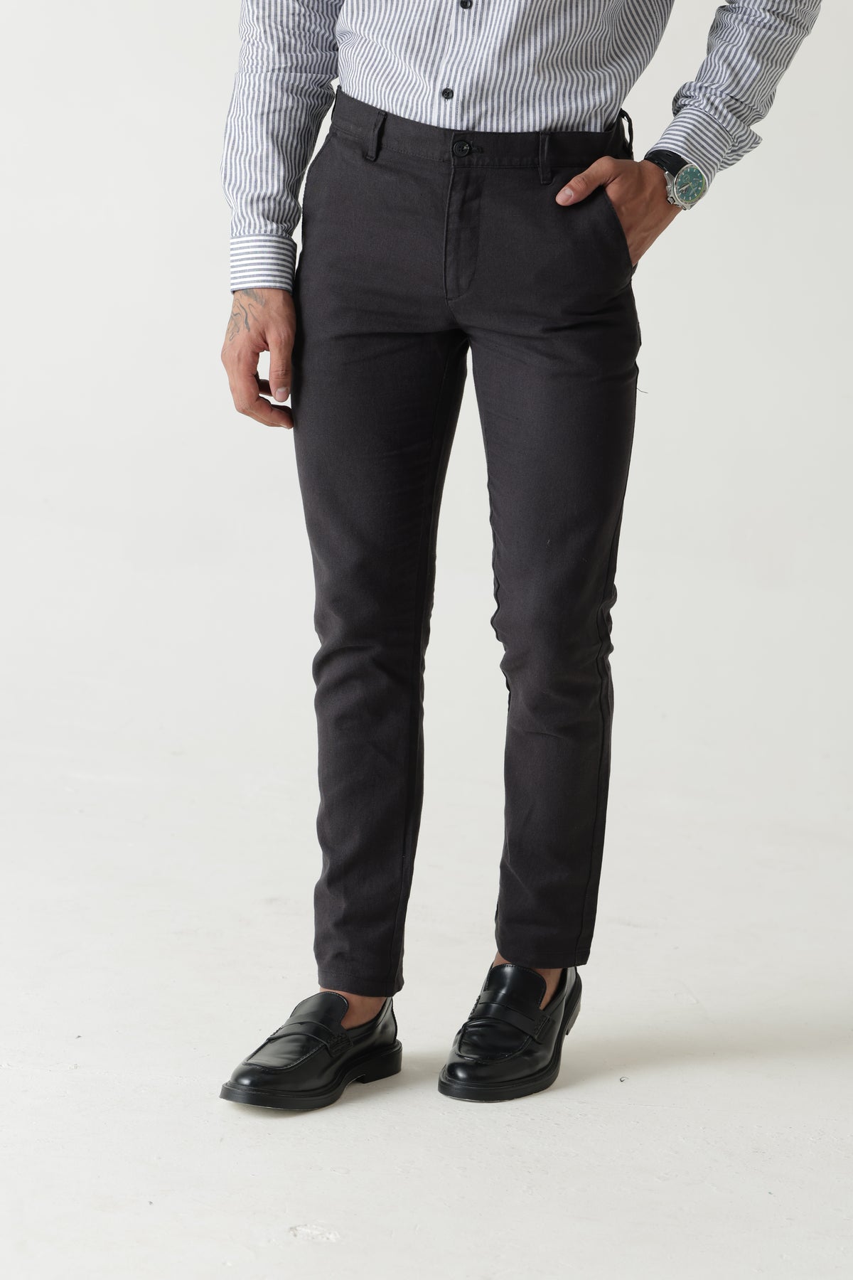 Linen Cotton Black Slim Straight Regular Belt Trouser