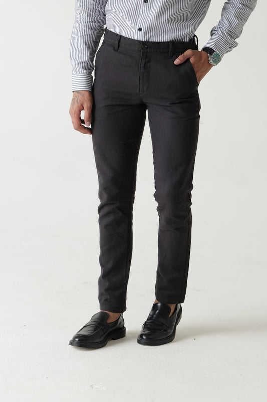 Linen Cotton Black Slim Straight Regular Belt Trouser
