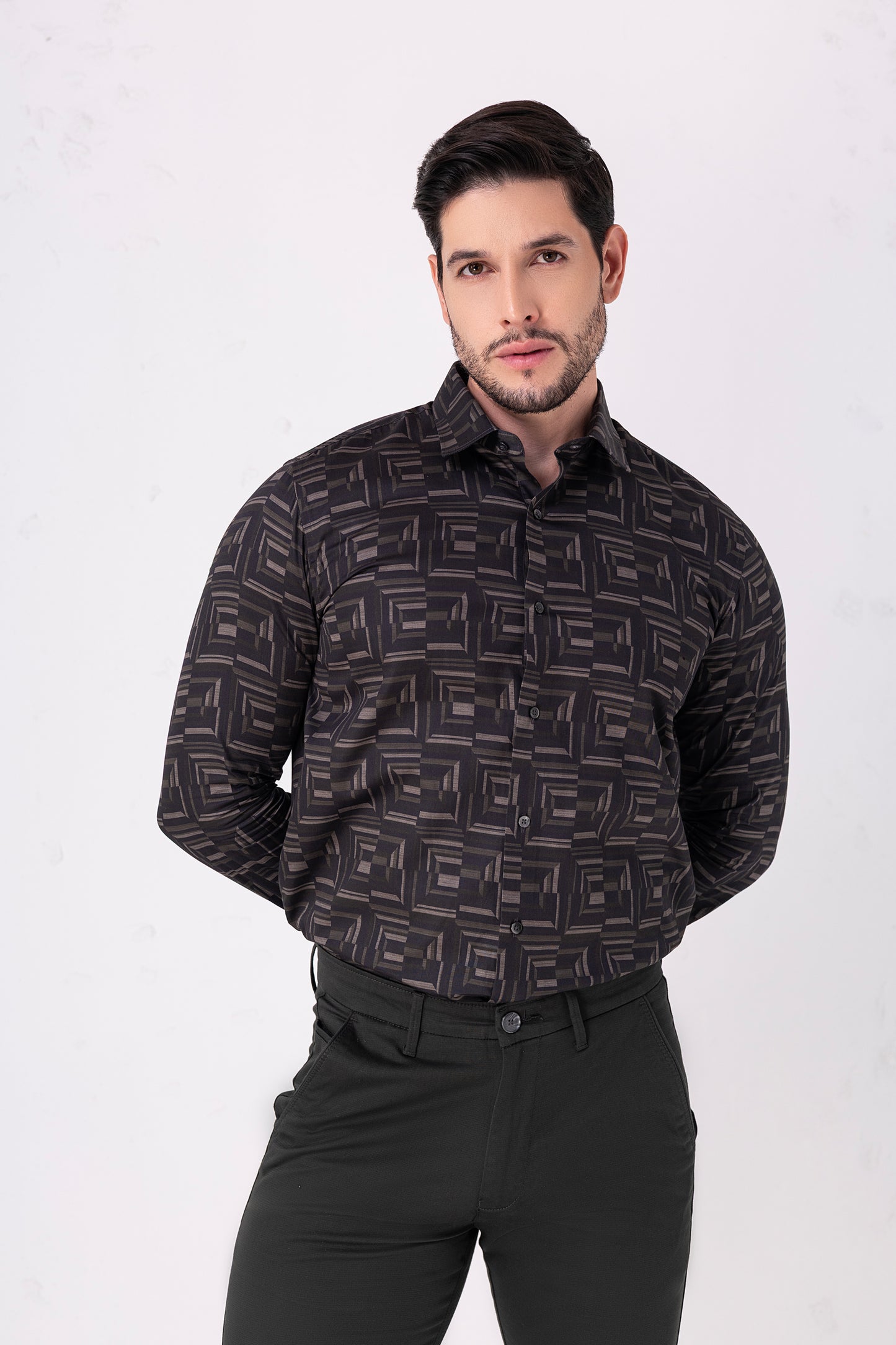 Satin Geometric Shirt – Black & Grey. Vyne by Urban Thing.