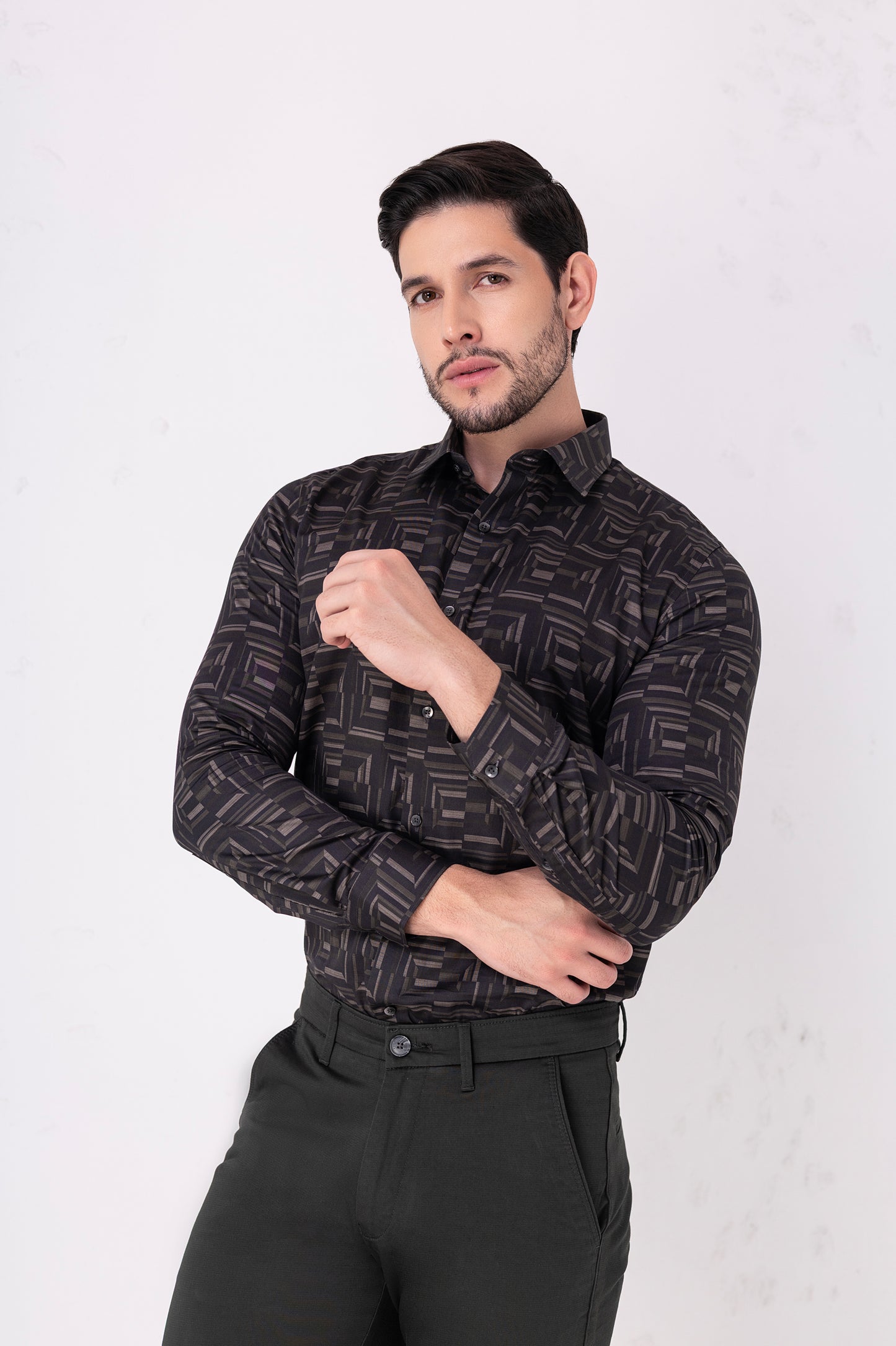 Satin Geometric Shirt – Black & Grey. Vyne by Urban Thing.