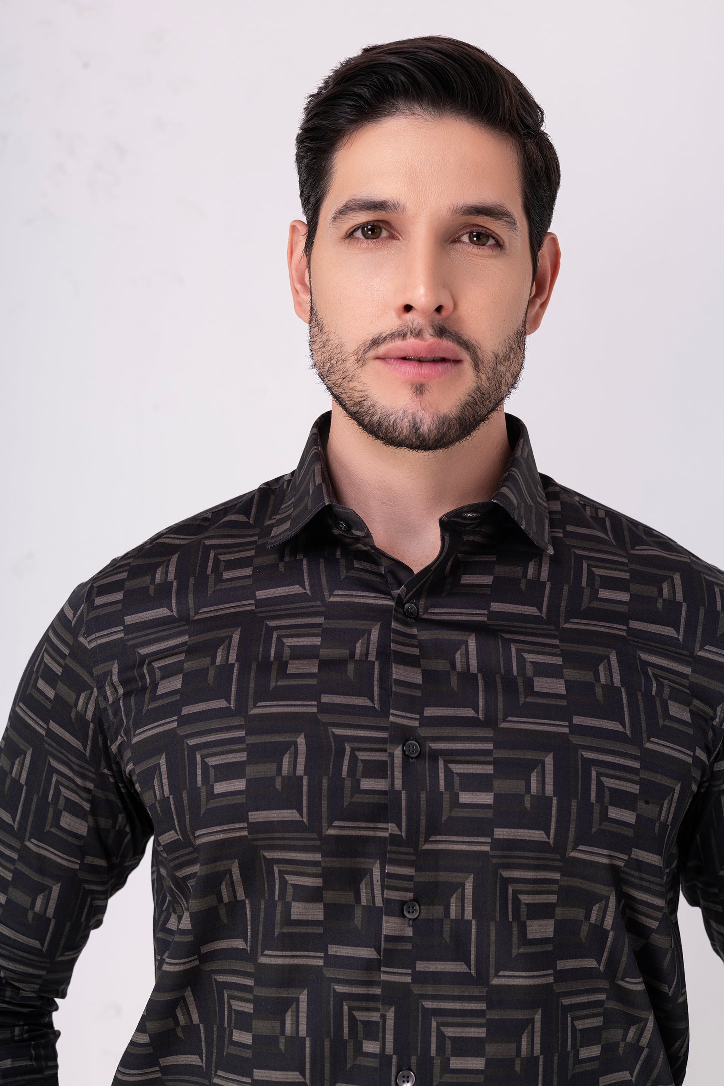 Satin Geometric Shirt – Black & Grey. Vyne by Urban Thing.
