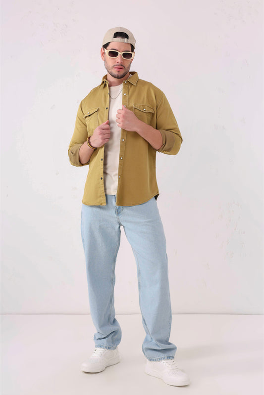 Khaki Double-Pocket Denim Shirt – Full Sleeves