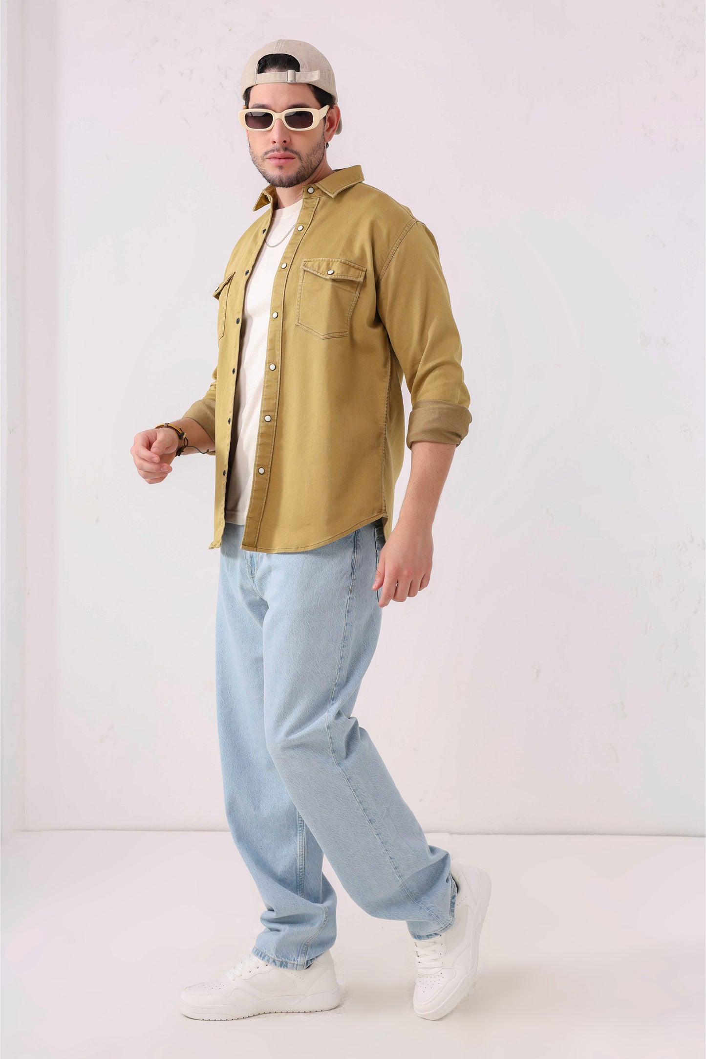 Khaki Double-Pocket Denim Shirt – Full Sleeves
