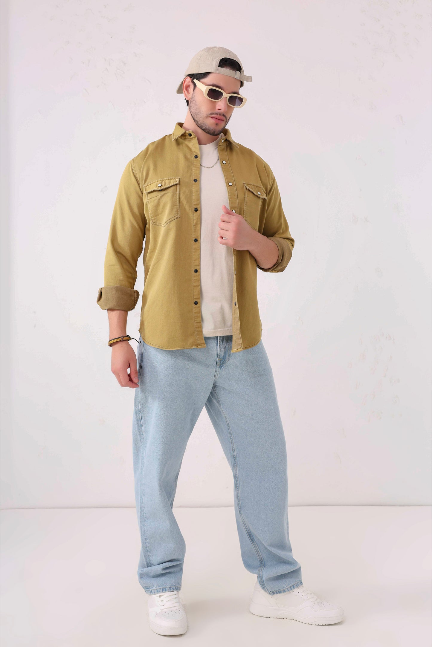 Khaki Double-Pocket Denim Shirt – Full Sleeves