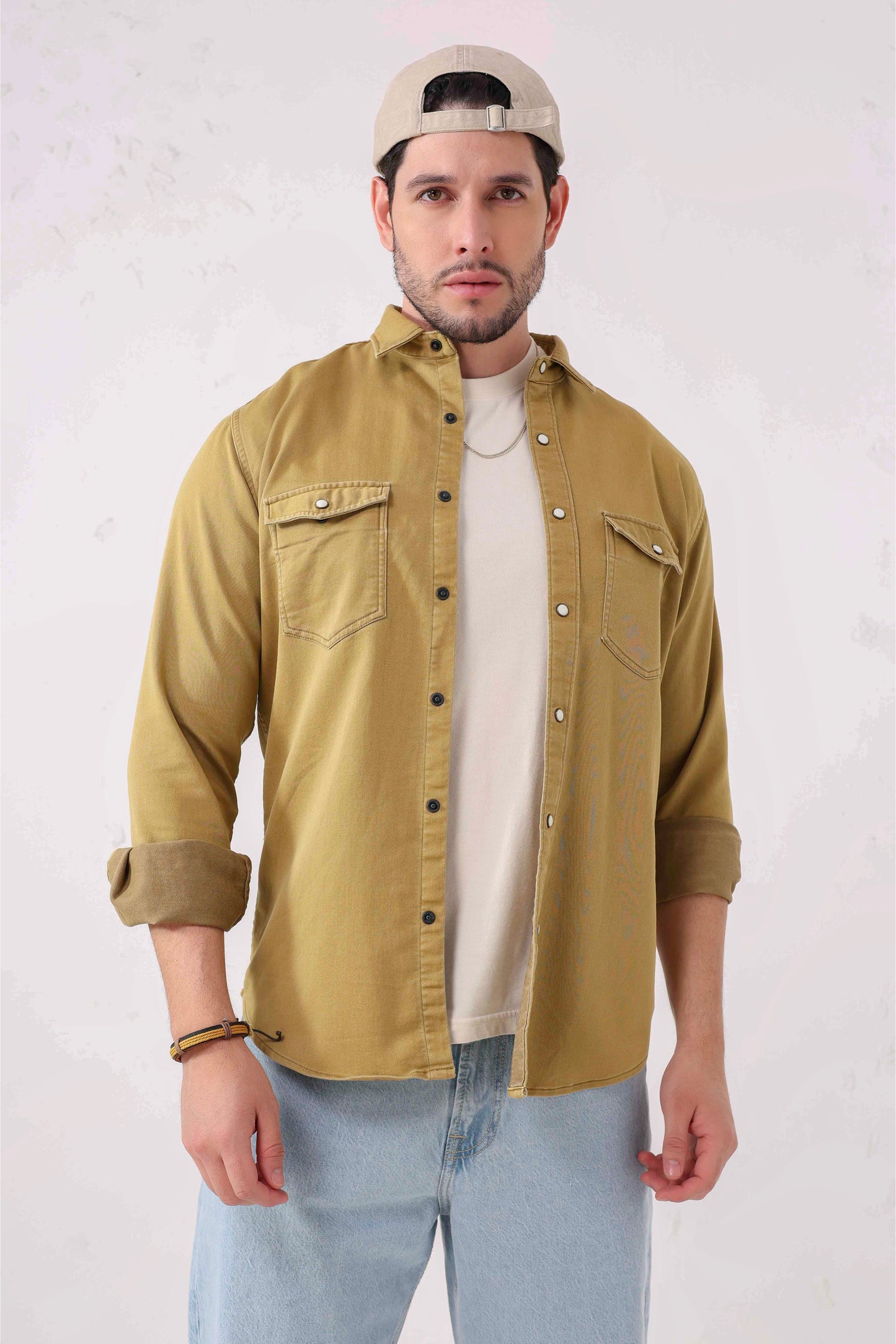 Khaki Double-Pocket Denim Shirt – Full Sleeves