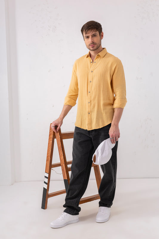 Yellow Mustard Seersucker Shirt – Double-Layer Cotton