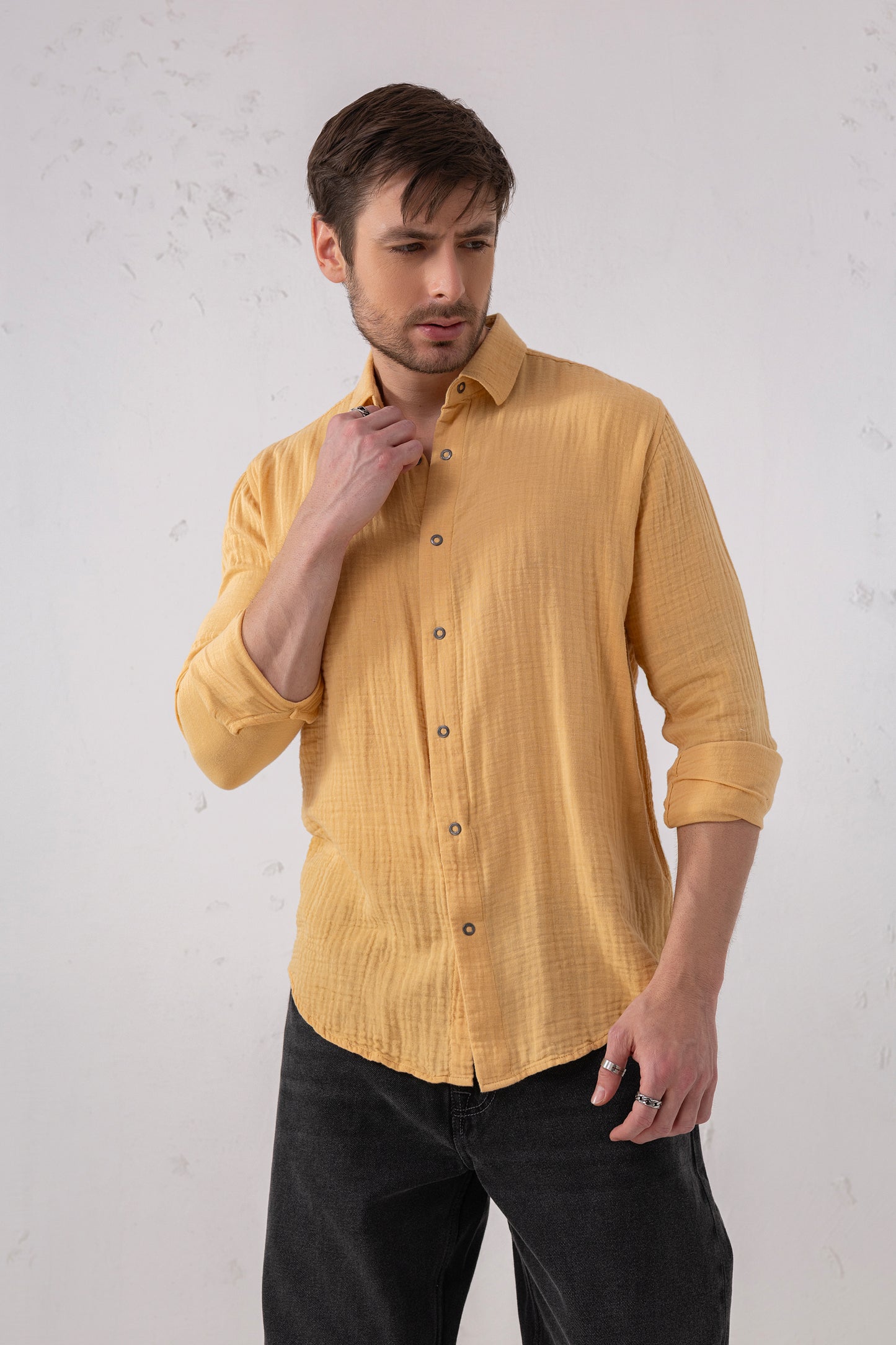 Yellow Mustard Seersucker Shirt – Double-Layer Cotton