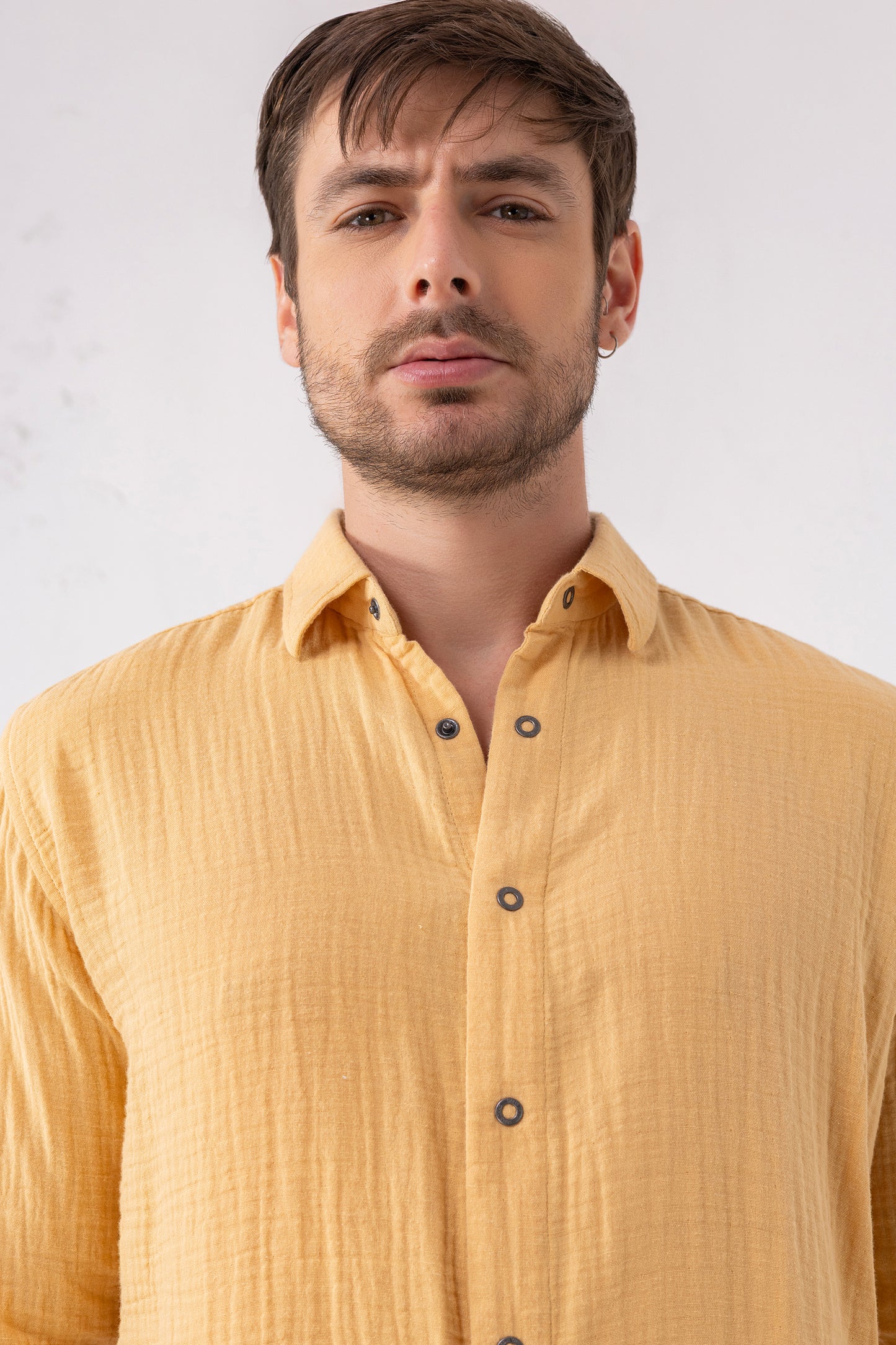 Yellow Mustard Seersucker Shirt – Double-Layer Cotton