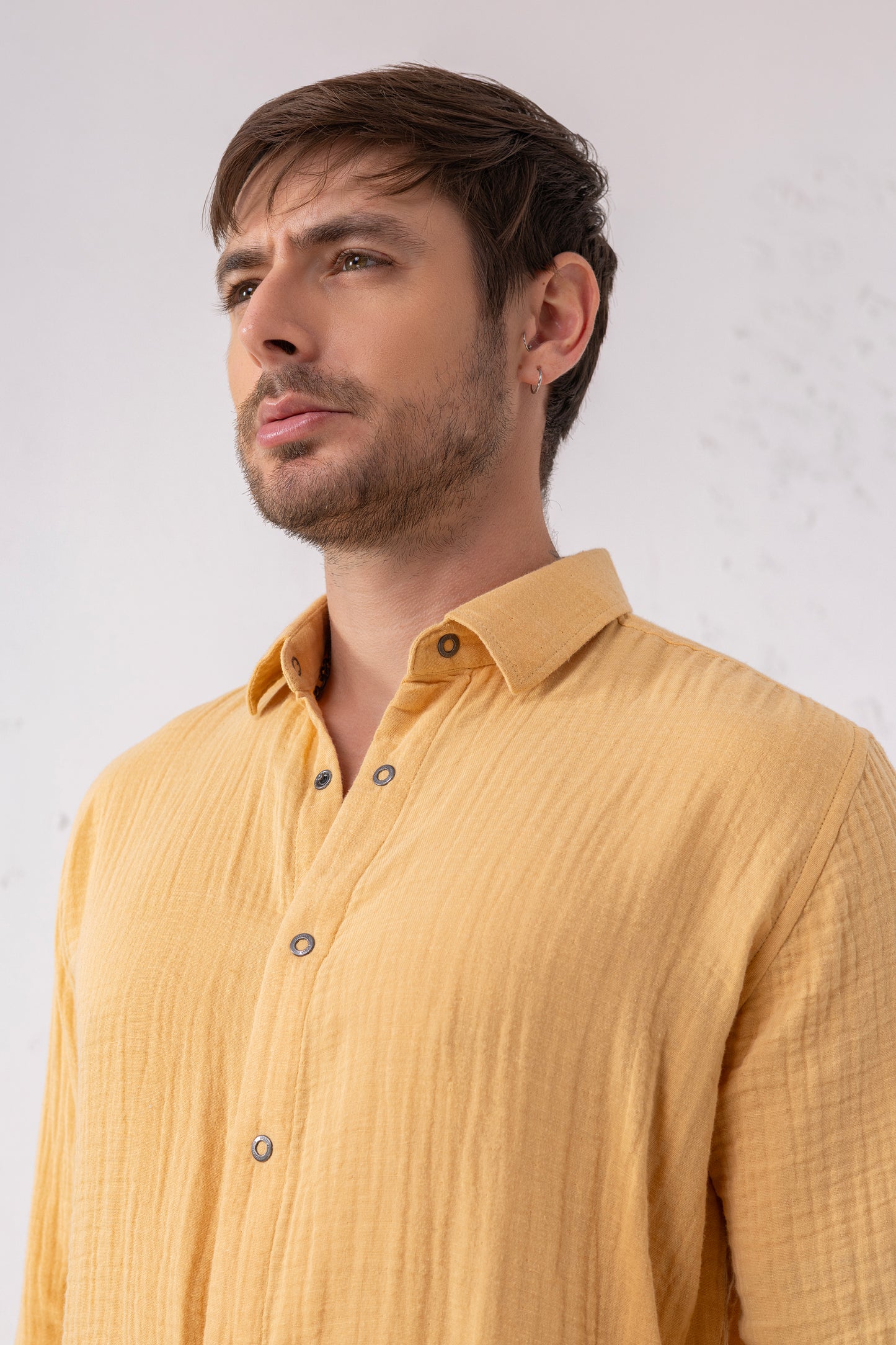 Yellow Mustard Seersucker Shirt – Double-Layer Cotton
