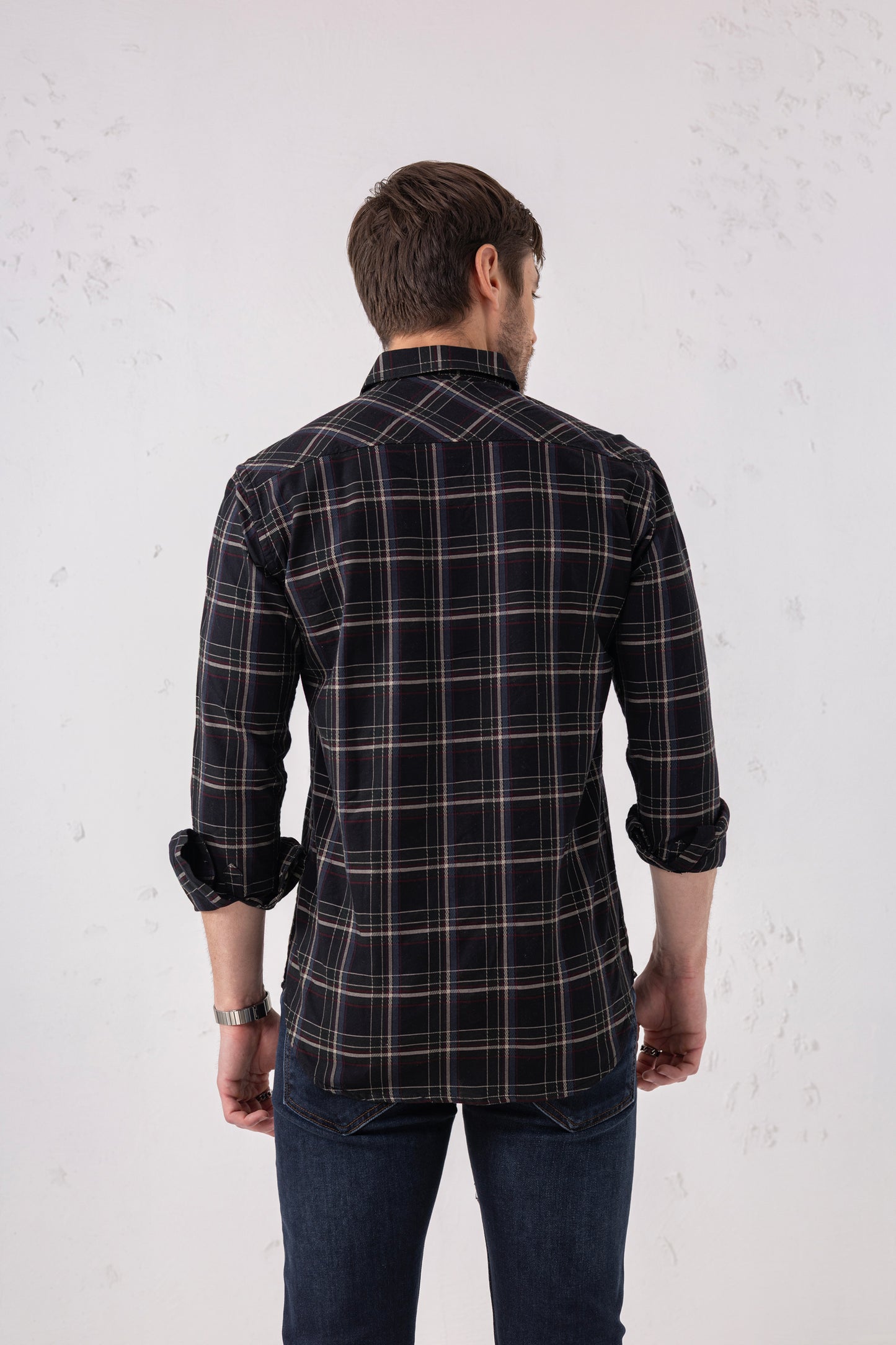 Cotton Blend Grey Burgundy Check Shirt – Long Sleeves