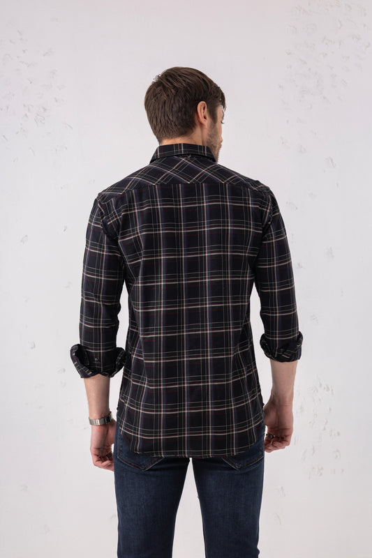Cotton Blend Grey Burgundy Check Shirt – Long Sleeves