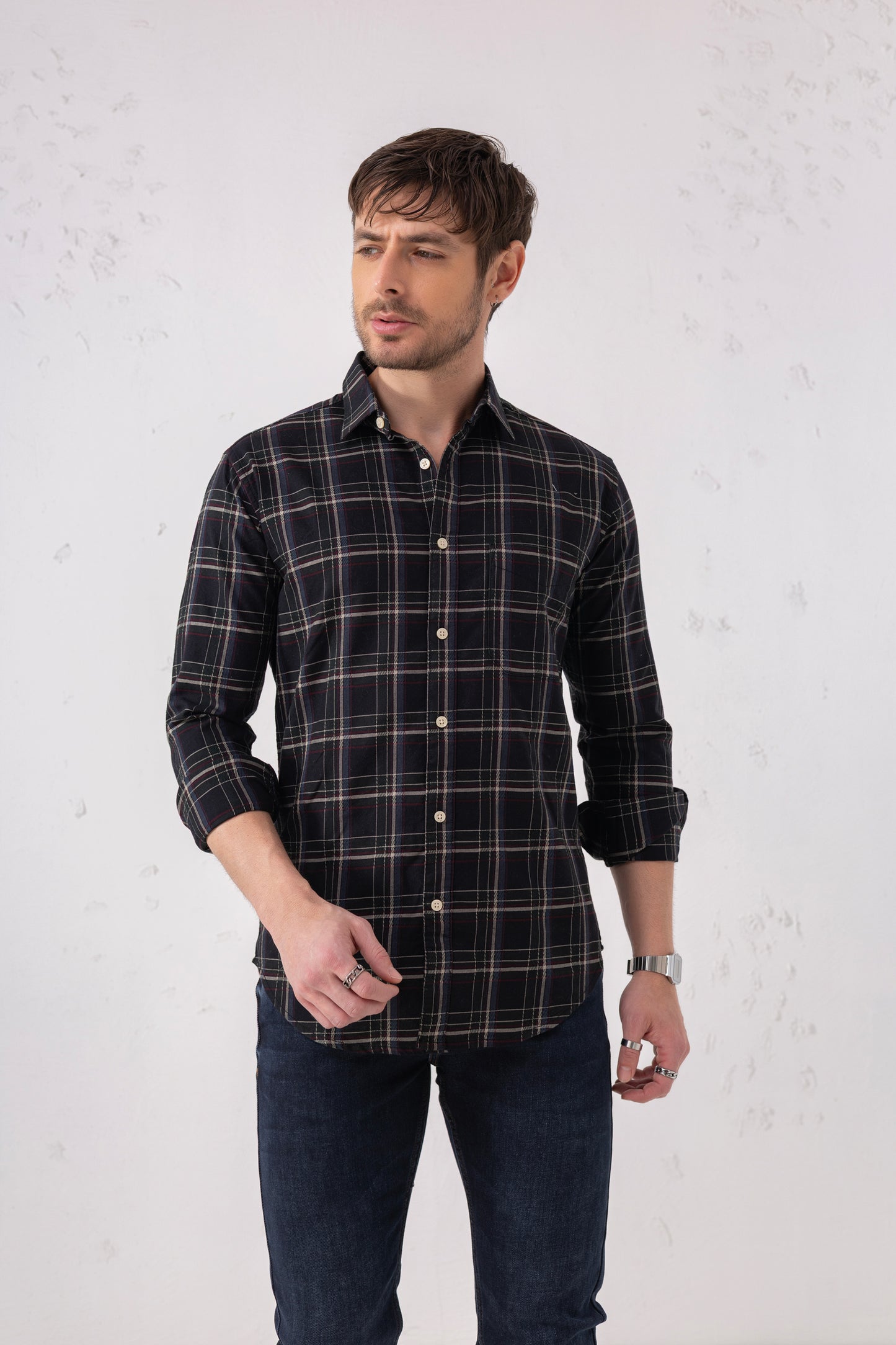 Cotton Blend Grey Burgundy Check Shirt – Long Sleeves