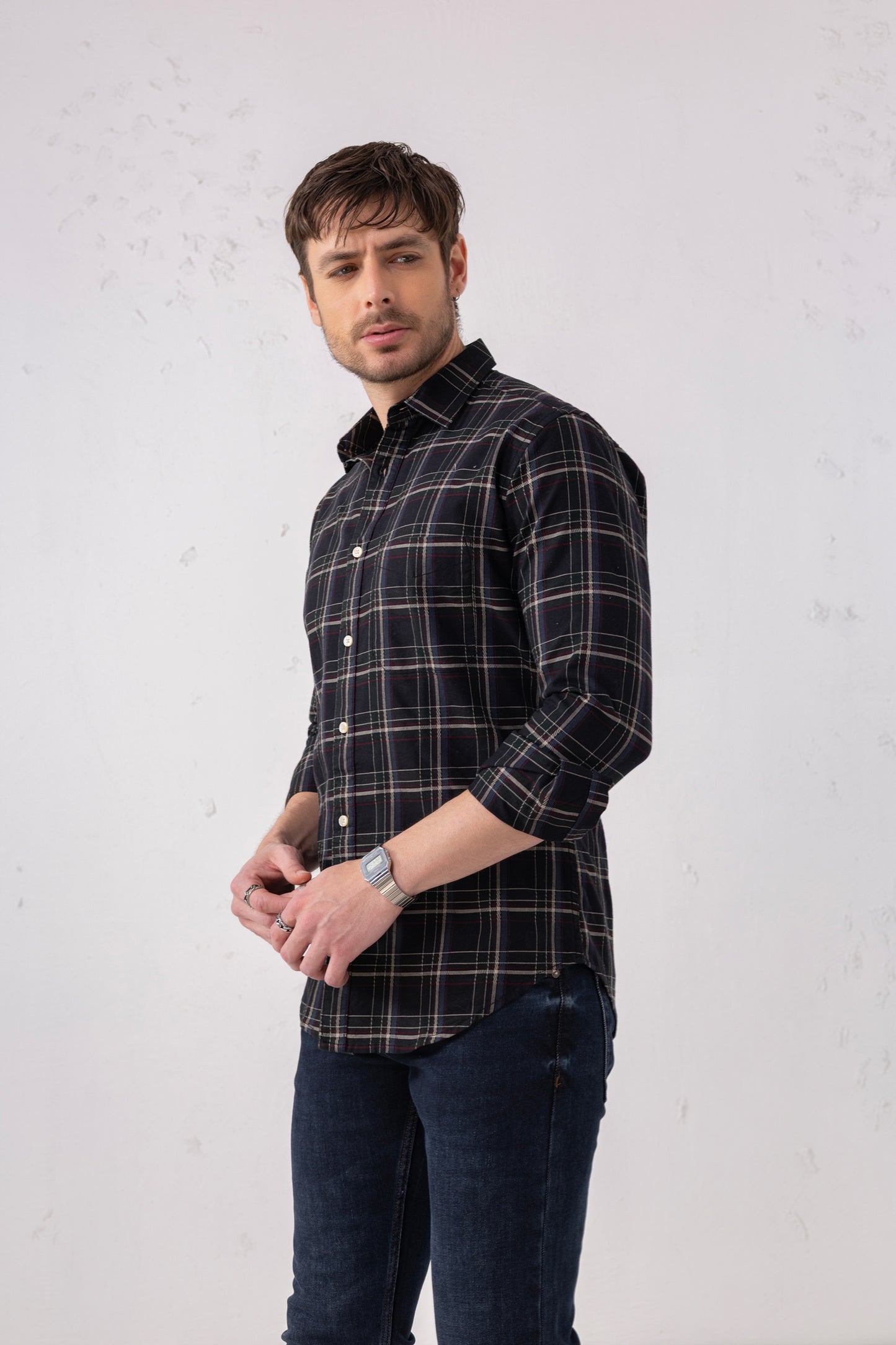 Cotton Blend Grey Burgundy Check Shirt – Long Sleeves