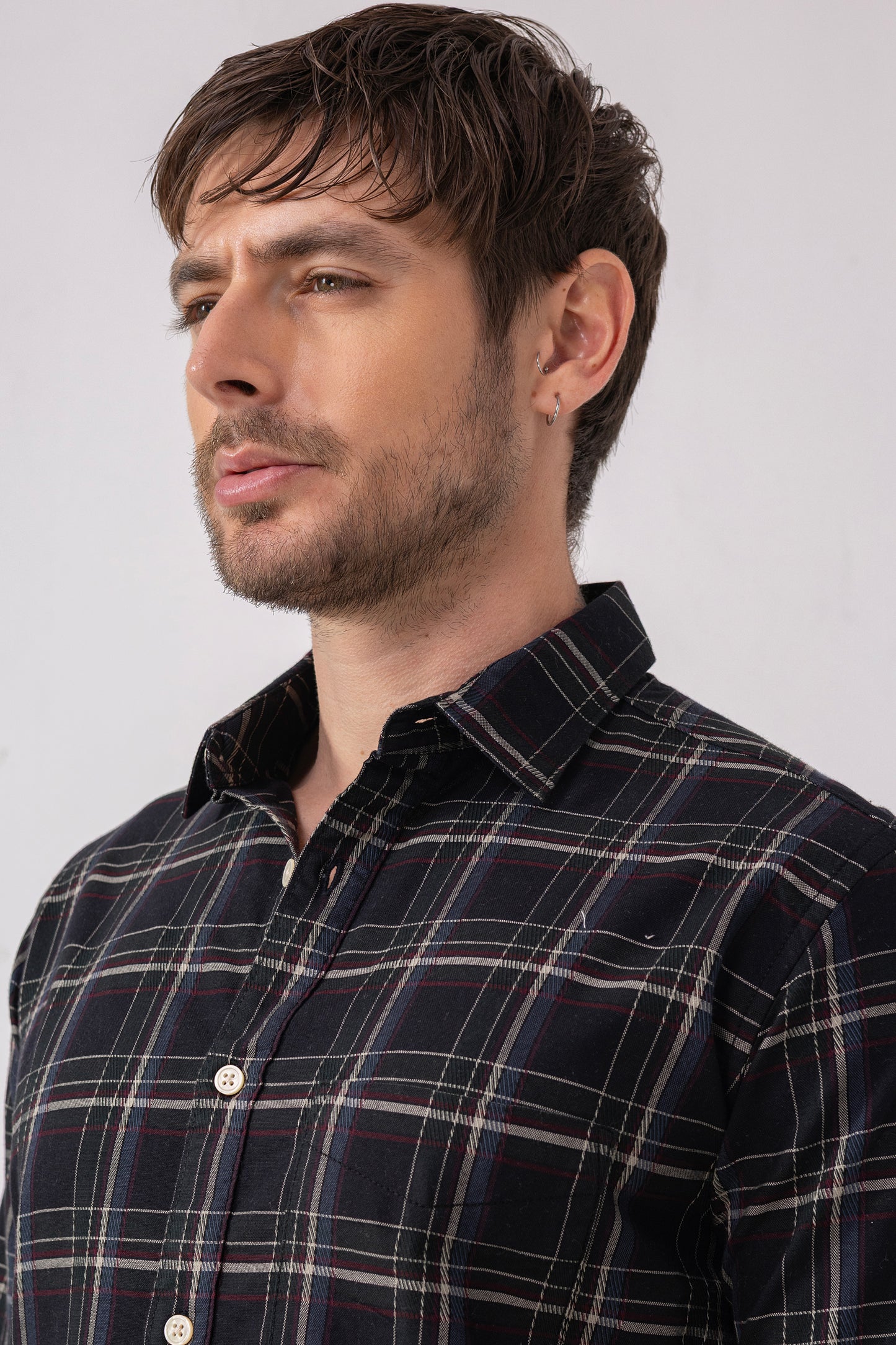 Cotton Blend Grey Burgundy Check Shirt – Long Sleeves
