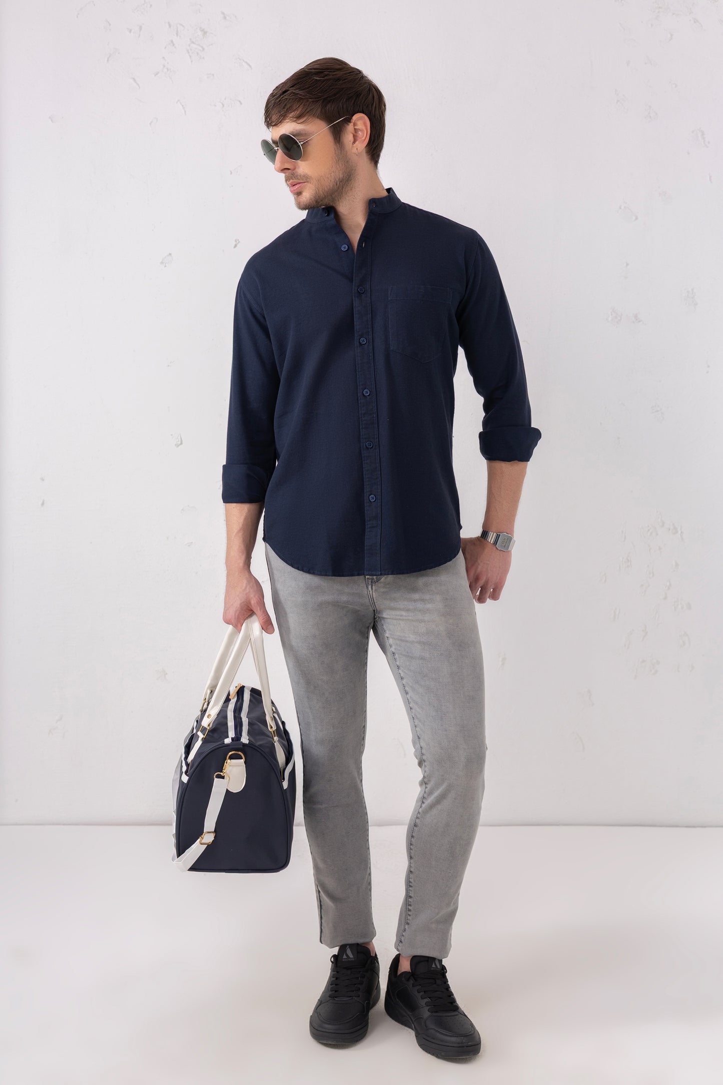 Navy Minimalist Band Collar Shirt – 100% Cotton