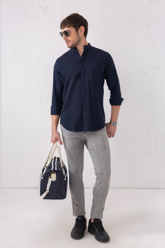 Navy Minimalist Band Collar Shirt – 100% Cotton