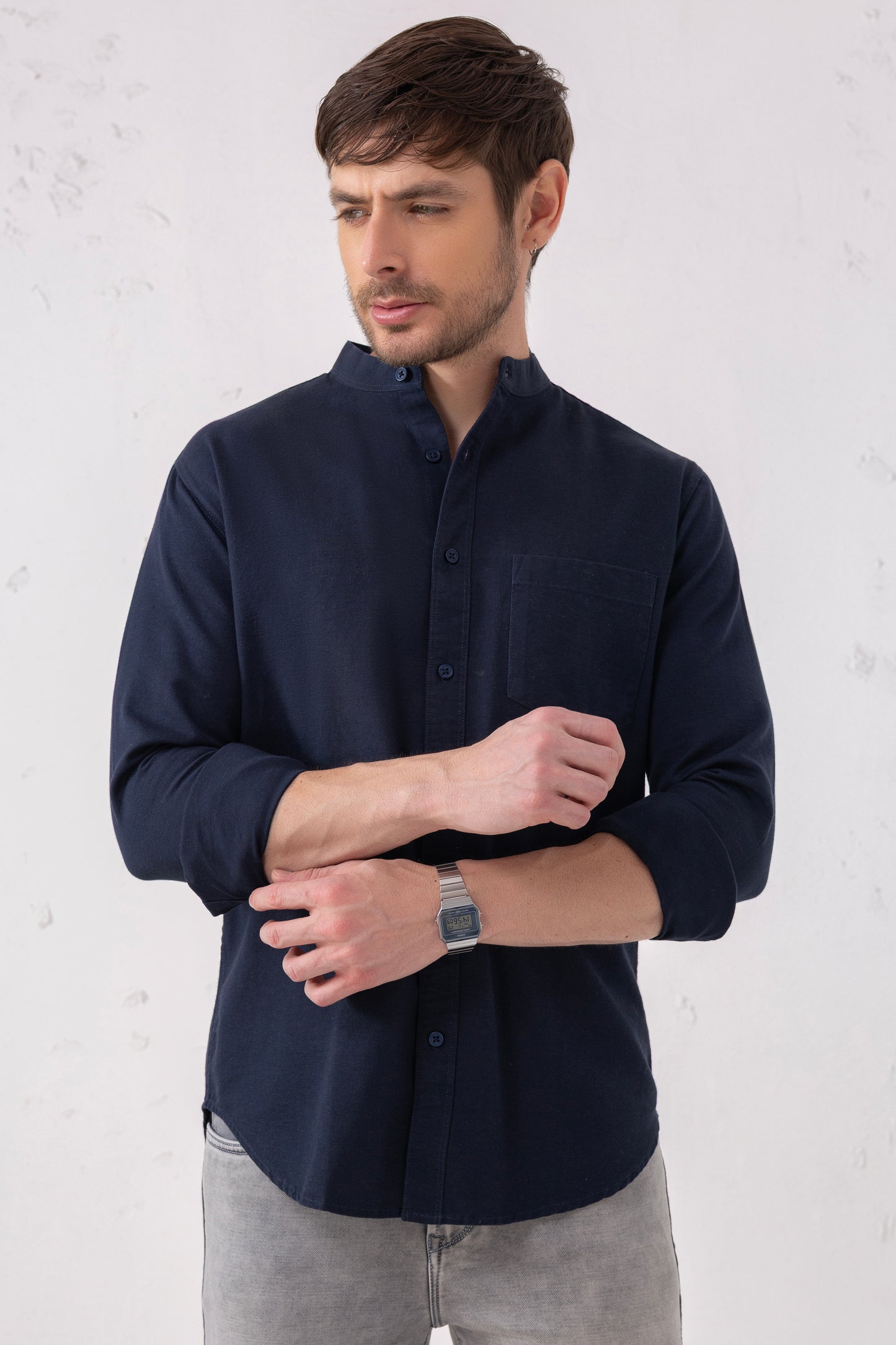 Navy Minimalist Band Collar Shirt – 100% Cotton