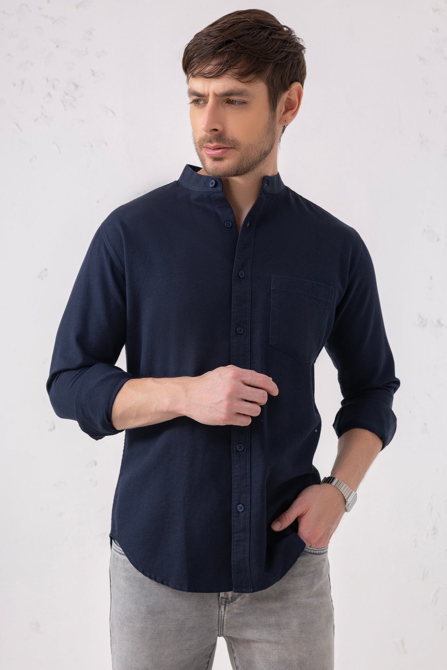 Navy Minimalist Band Collar Shirt – 100% Cotton
