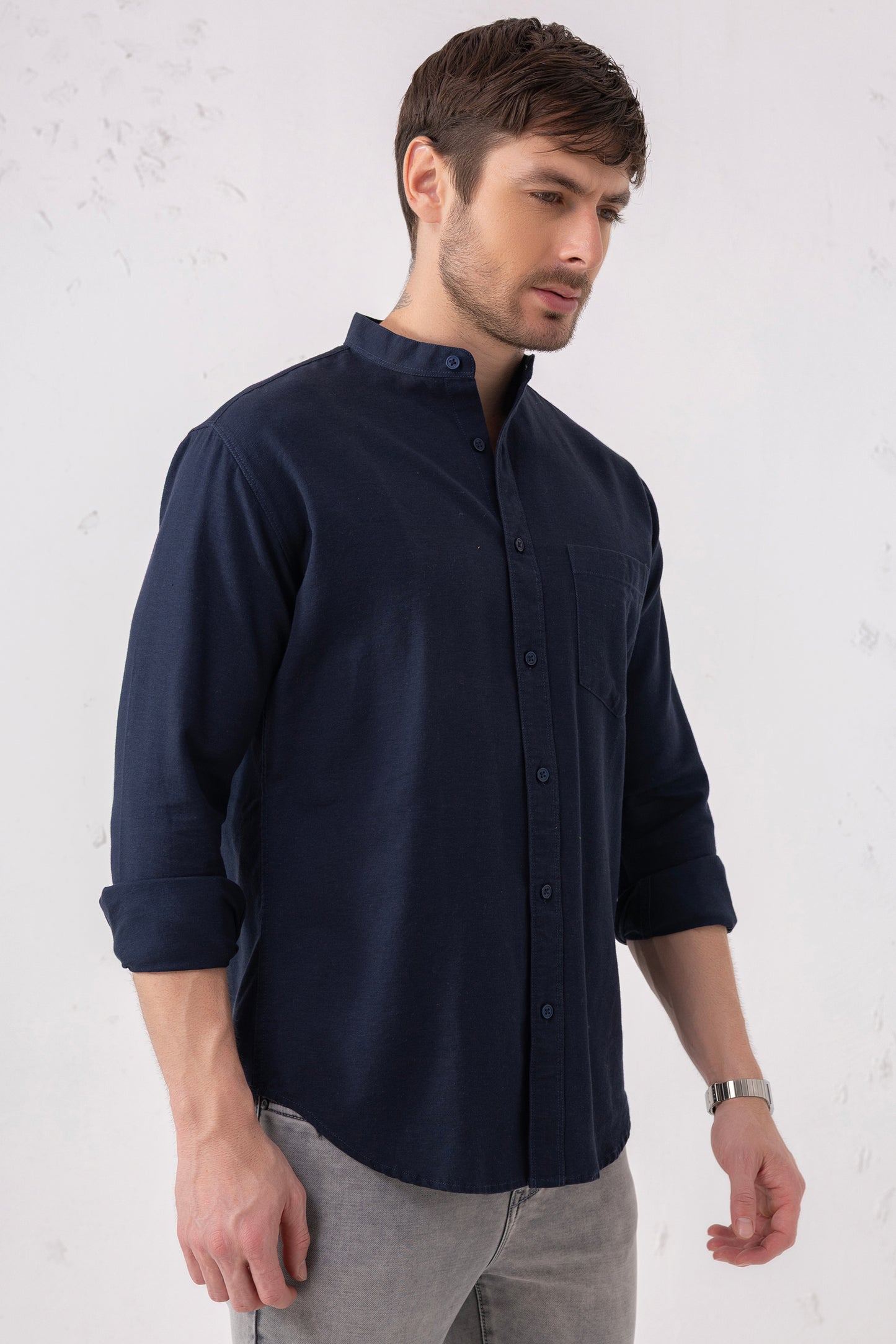 Navy Minimalist Band Collar Shirt – 100% Cotton