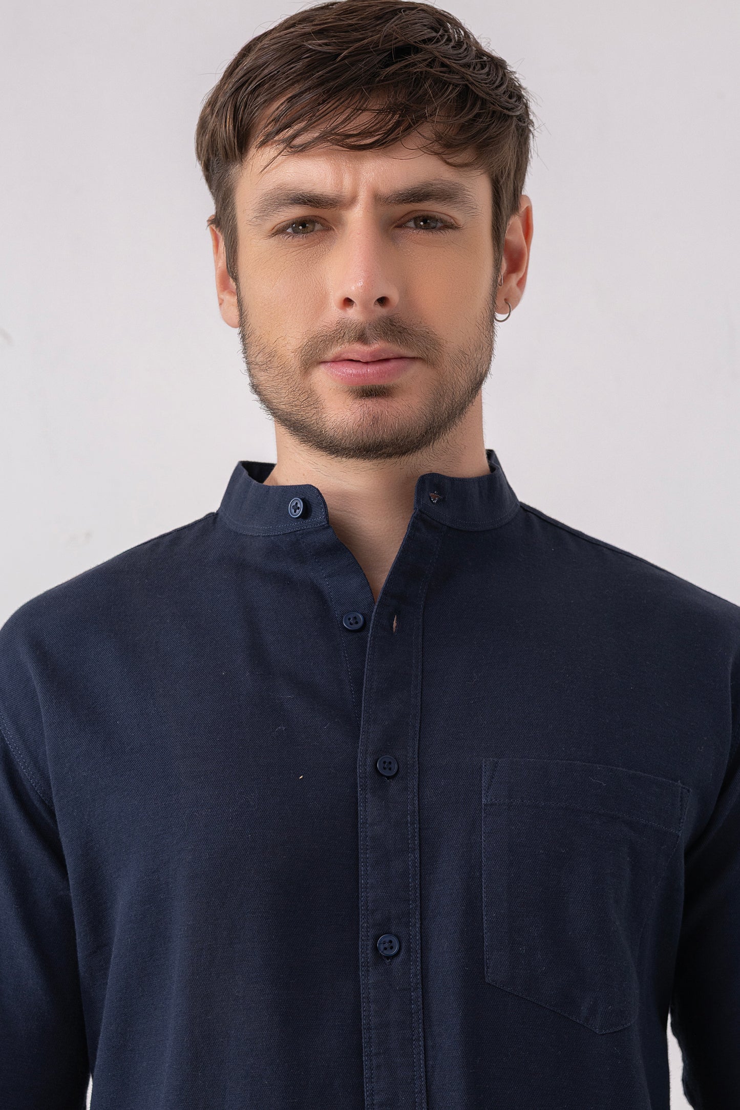 Navy Minimalist Band Collar Shirt – 100% Cotton