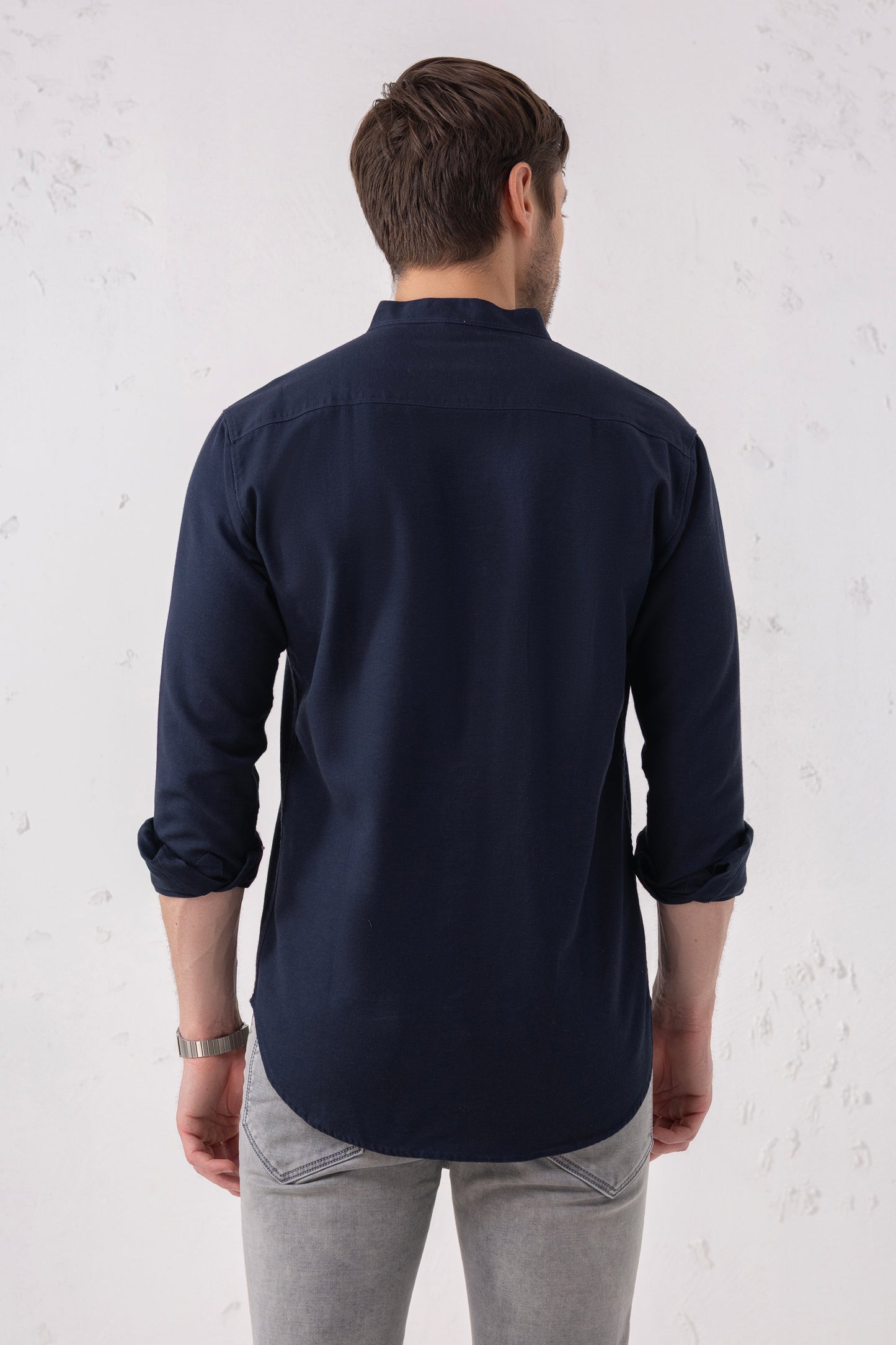 Navy Minimalist Band Collar Shirt – 100% Cotton