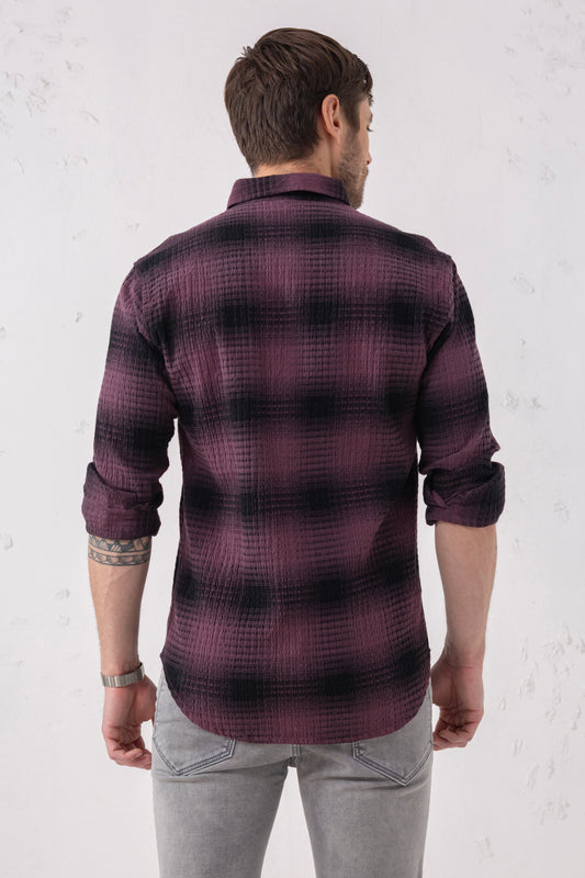 Cotton Blend Burgundy Gradient Check Shirt