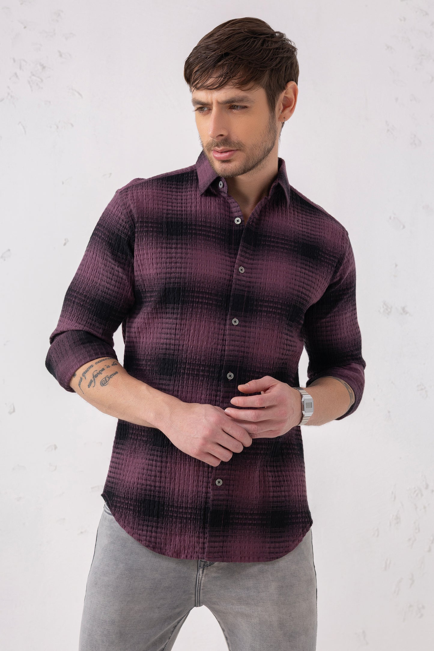Cotton Blend Burgundy Gradient Check Shirt
