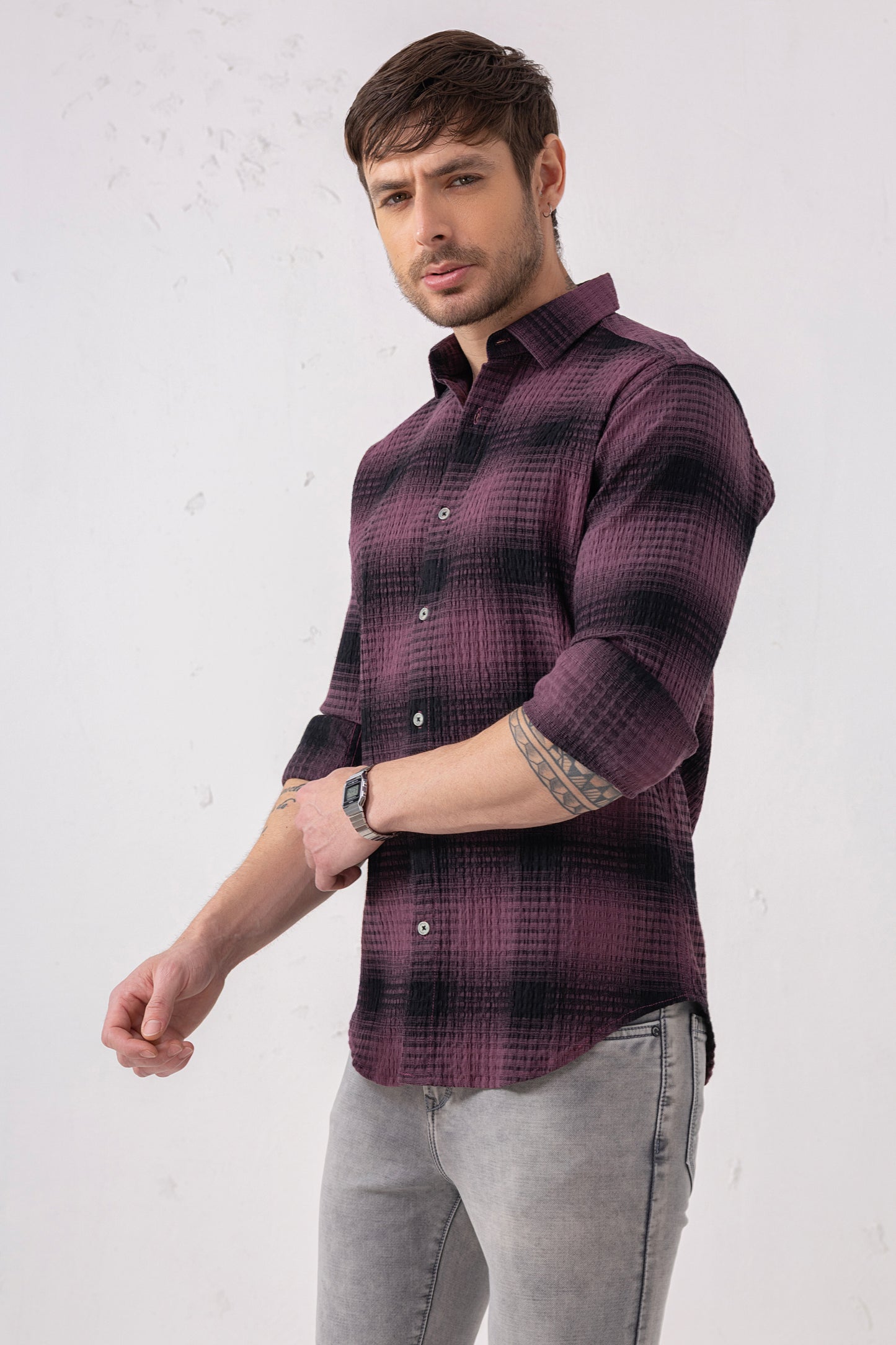 Cotton Blend Burgundy Gradient Check Shirt