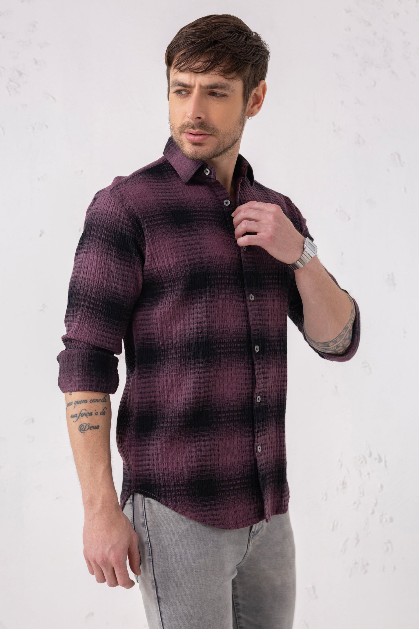 Cotton Blend Burgundy Gradient Check Shirt