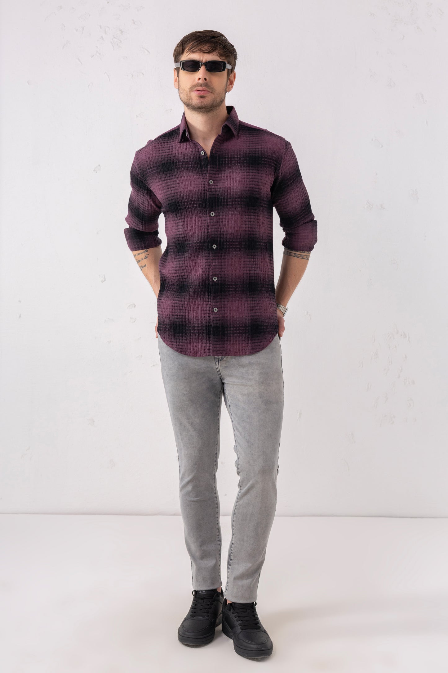 Cotton Blend Burgundy Gradient Check Shirt