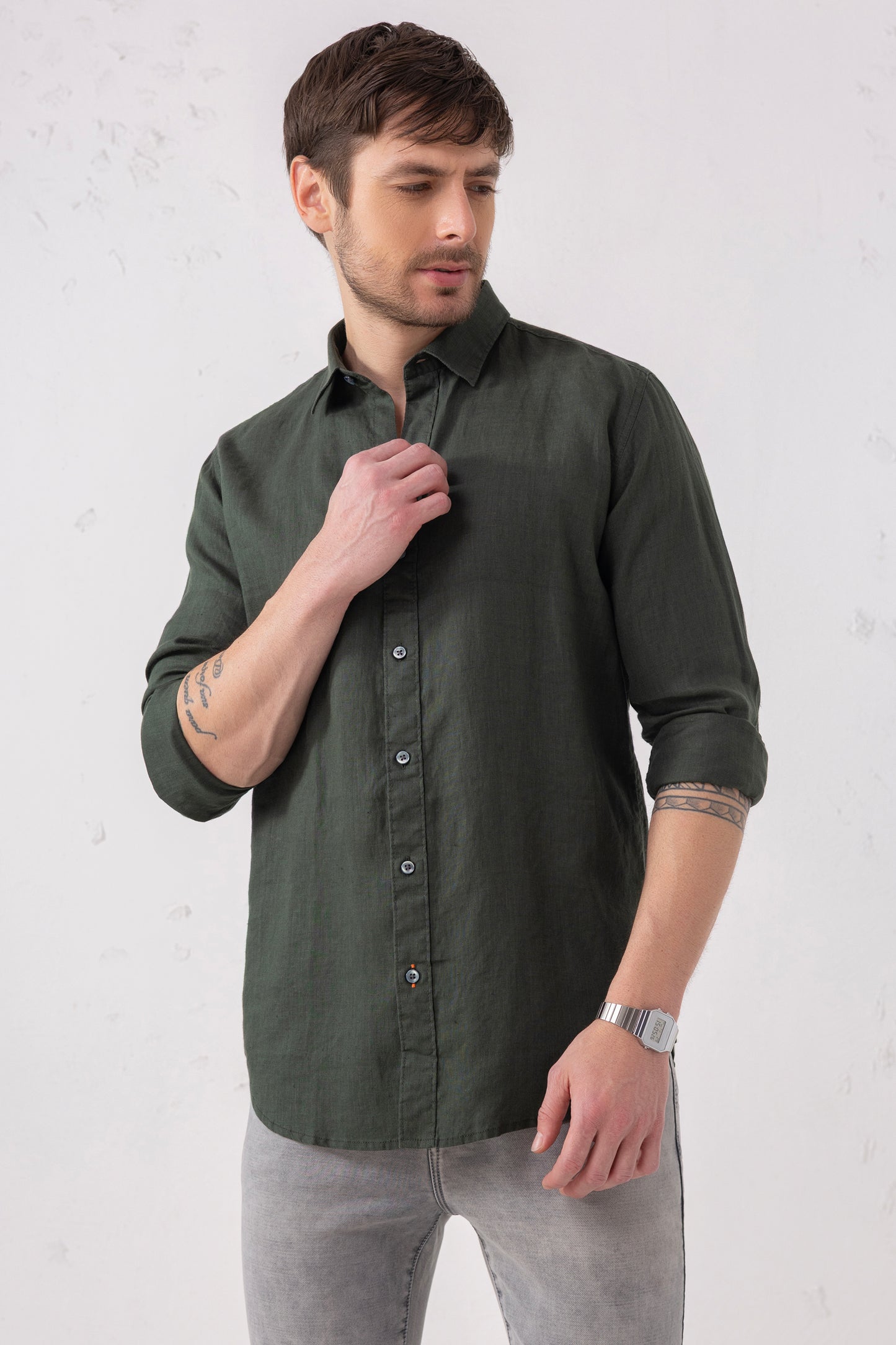 Pure Linen Shirt – Dark Green