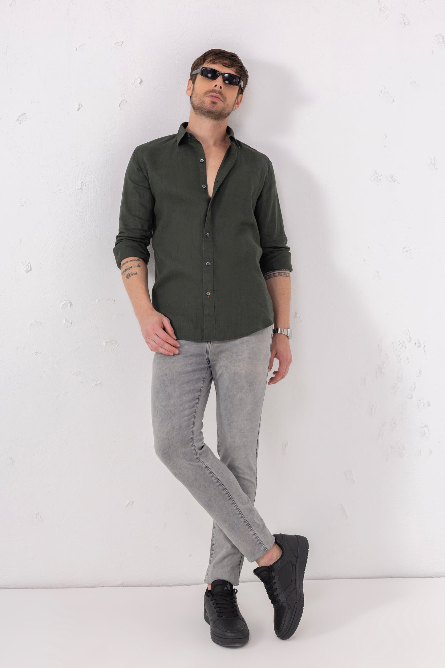 Pure Linen Shirt – Dark Green