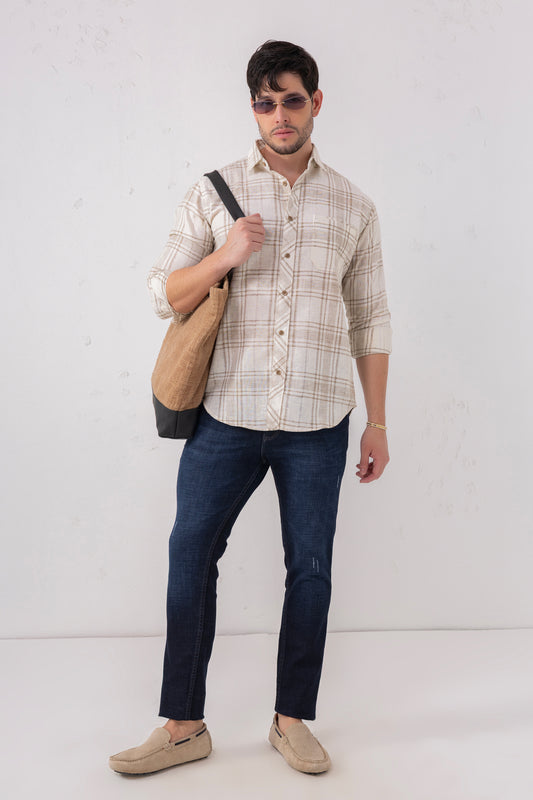 Azure Harmony: Cotton Blend Light Brown Check Shirt
