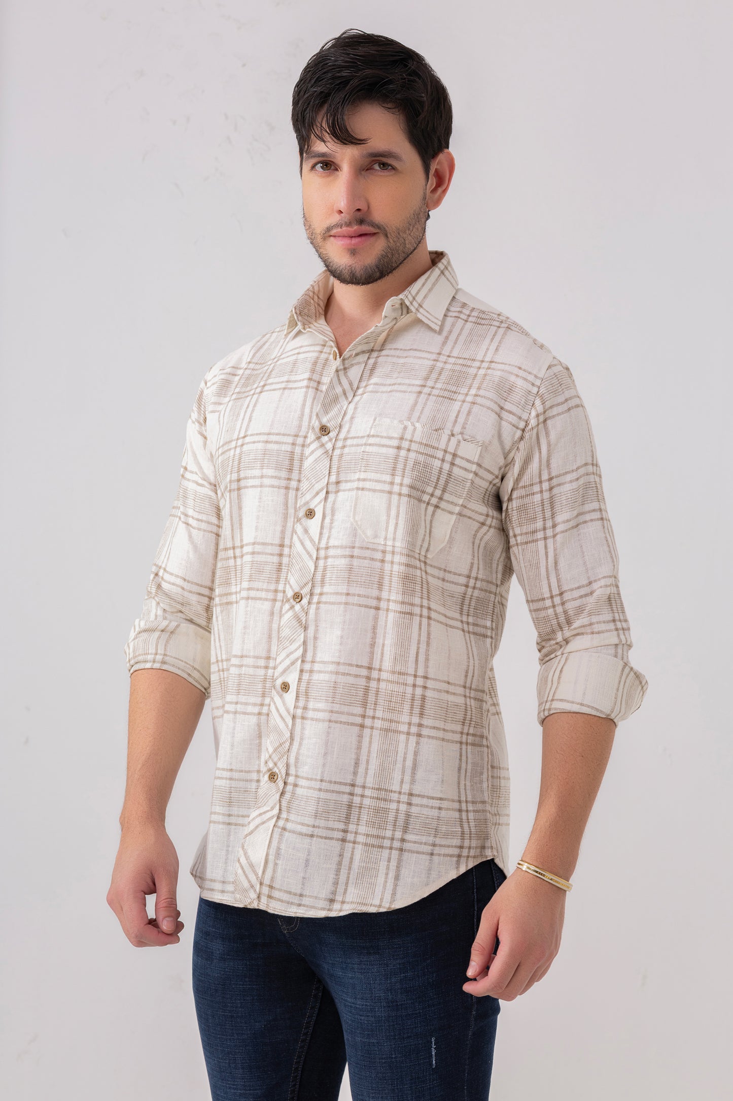 Azure Harmony: Cotton Blend Light Brown Check Shirt