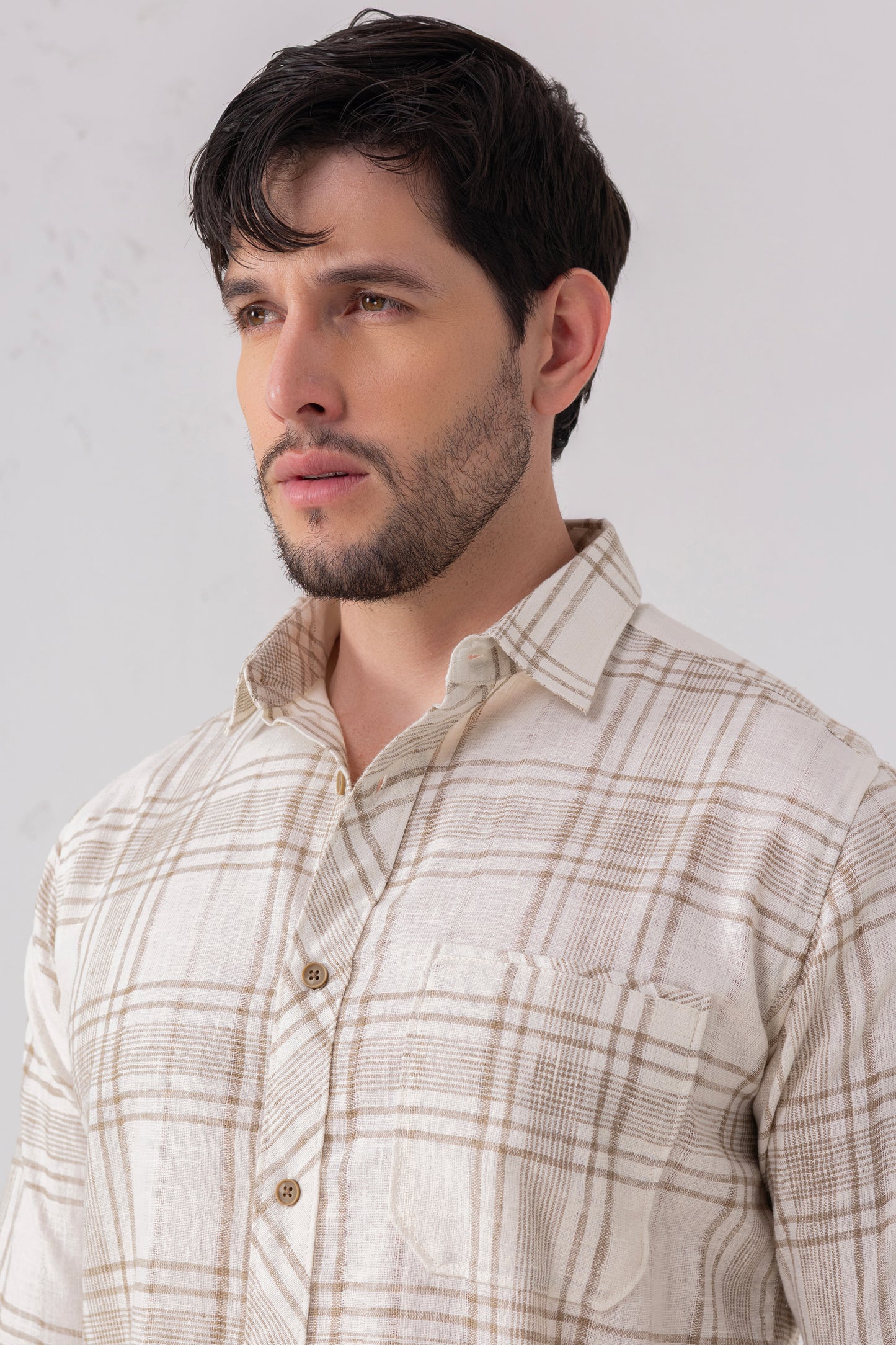 Azure Harmony: Cotton Blend Light Brown Check Shirt