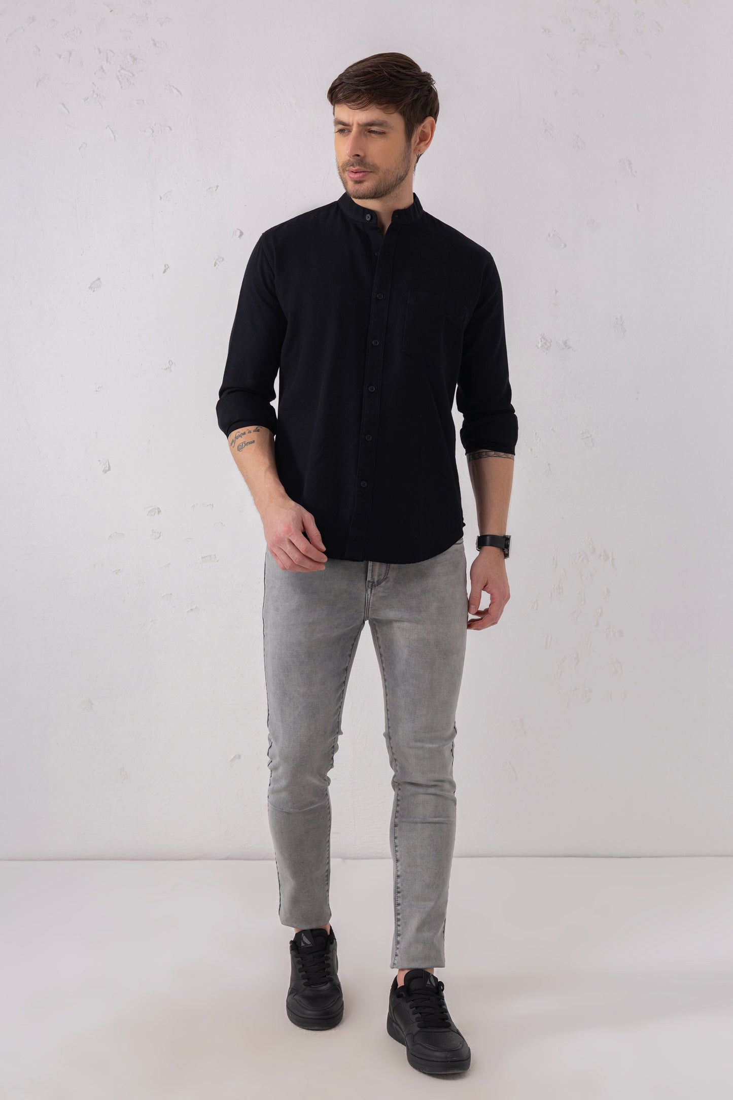 Black Mandarin Collar Shirt – 100% Cotton