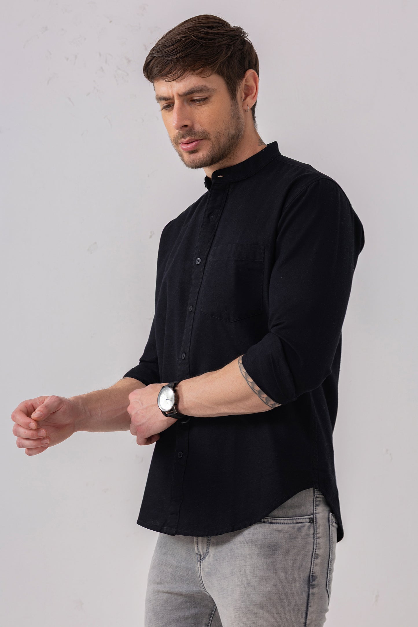 Black Mandarin Collar Shirt – 100% Cotton