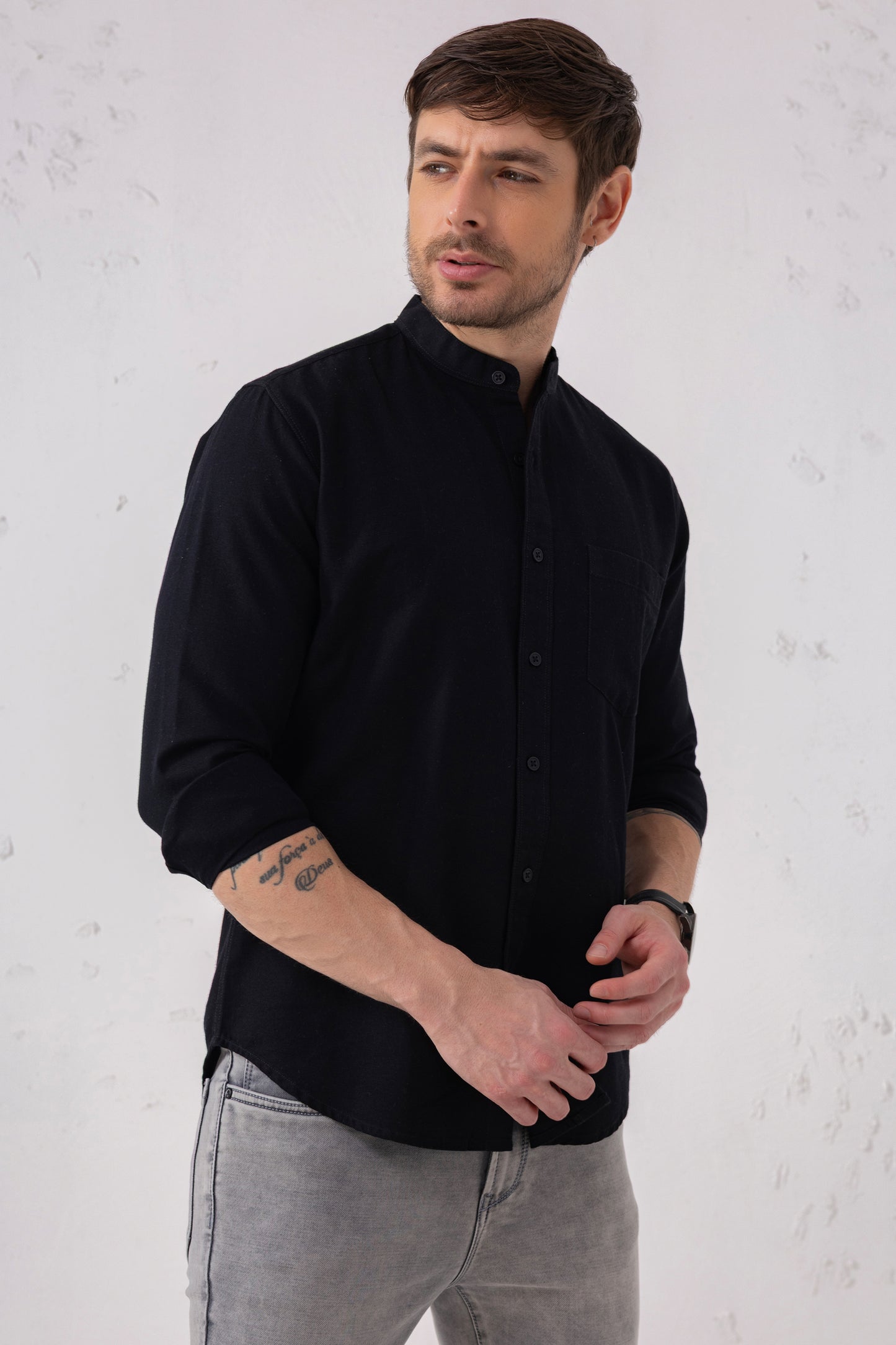 Black Mandarin Collar Shirt – 100% Cotton
