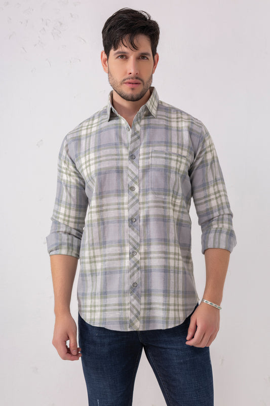 Linen Blend Blue-Grey Check Shirt