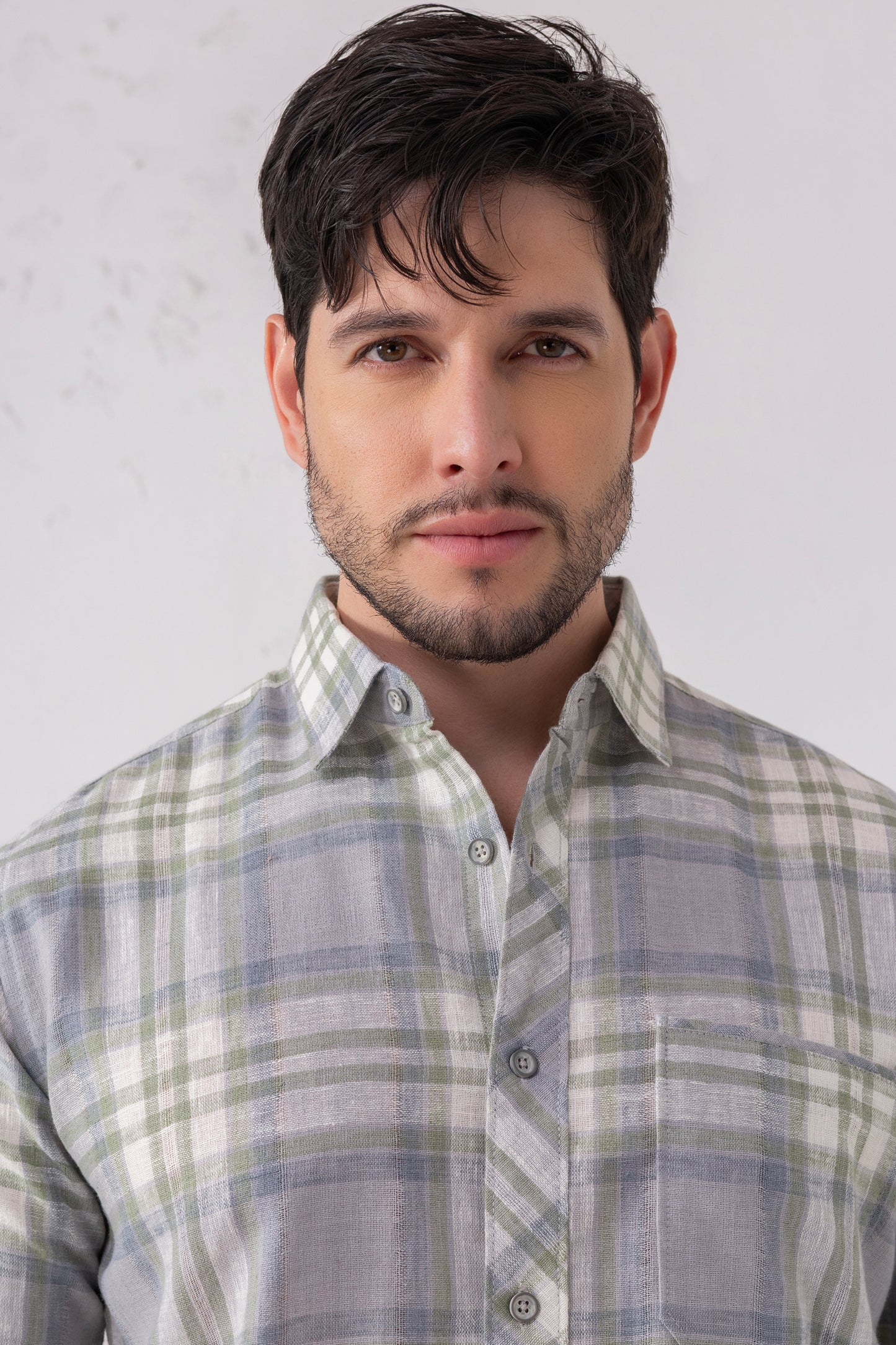 Linen Blend Blue-Grey Check Shirt