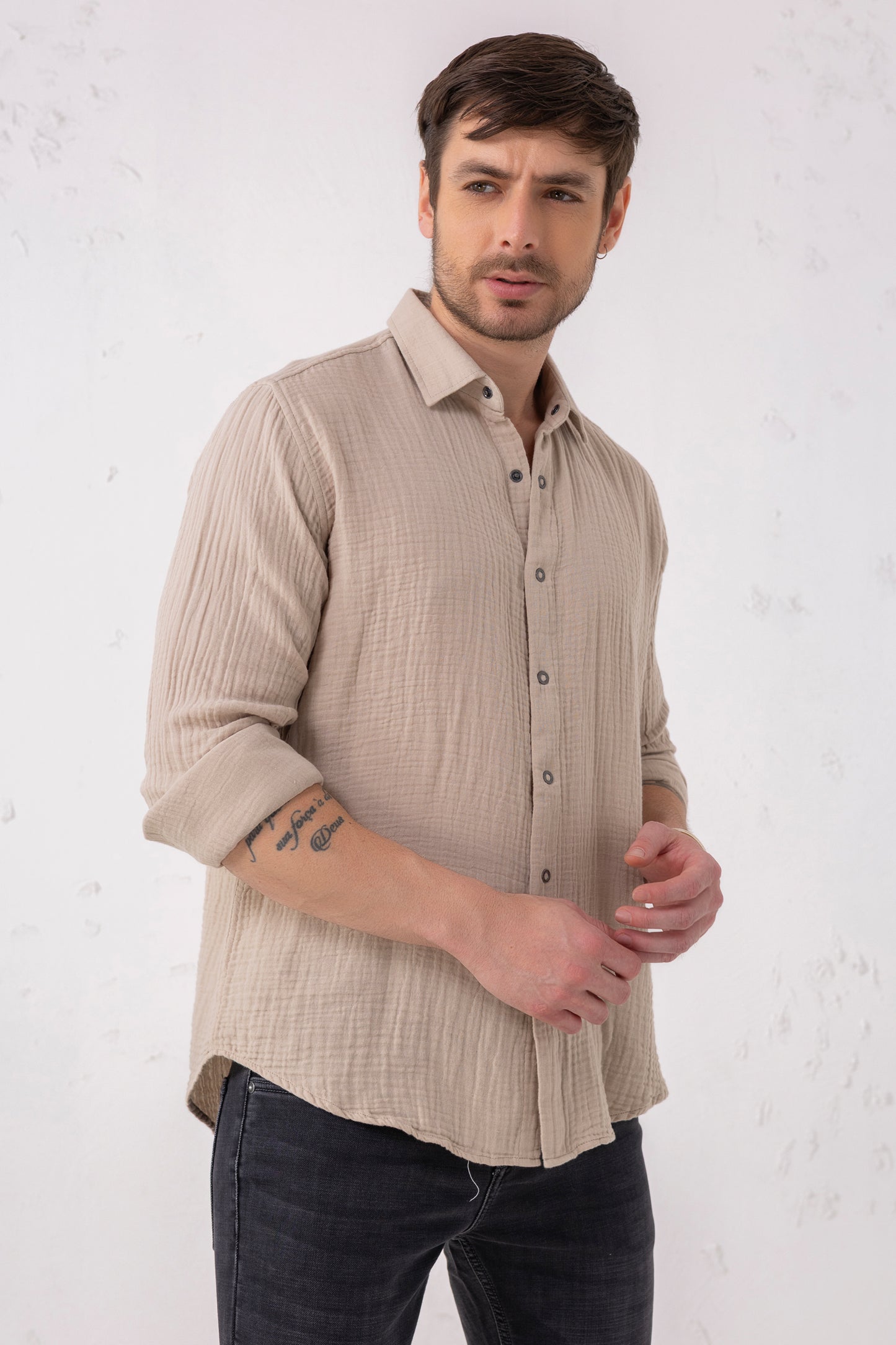 Double Cloth Beige Shirt – 100% Cotton