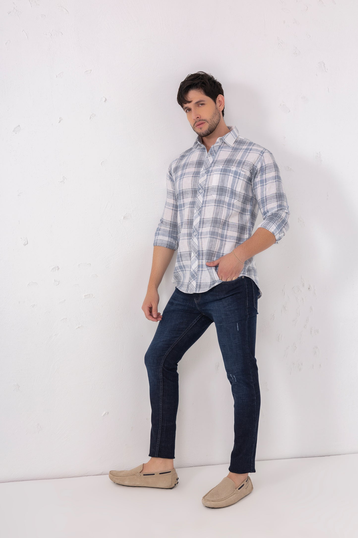 Azure Heritage: Linen Blend Blue Check Shirt