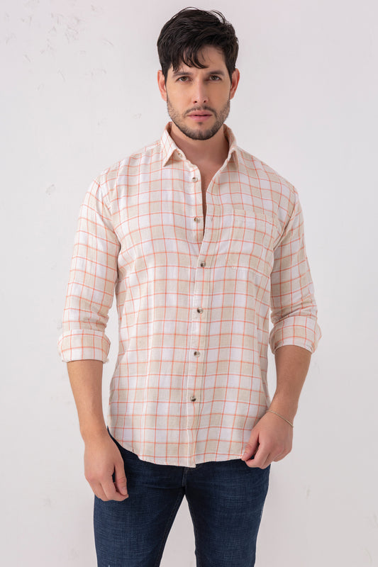 Linen Blend Peach Check Shirt