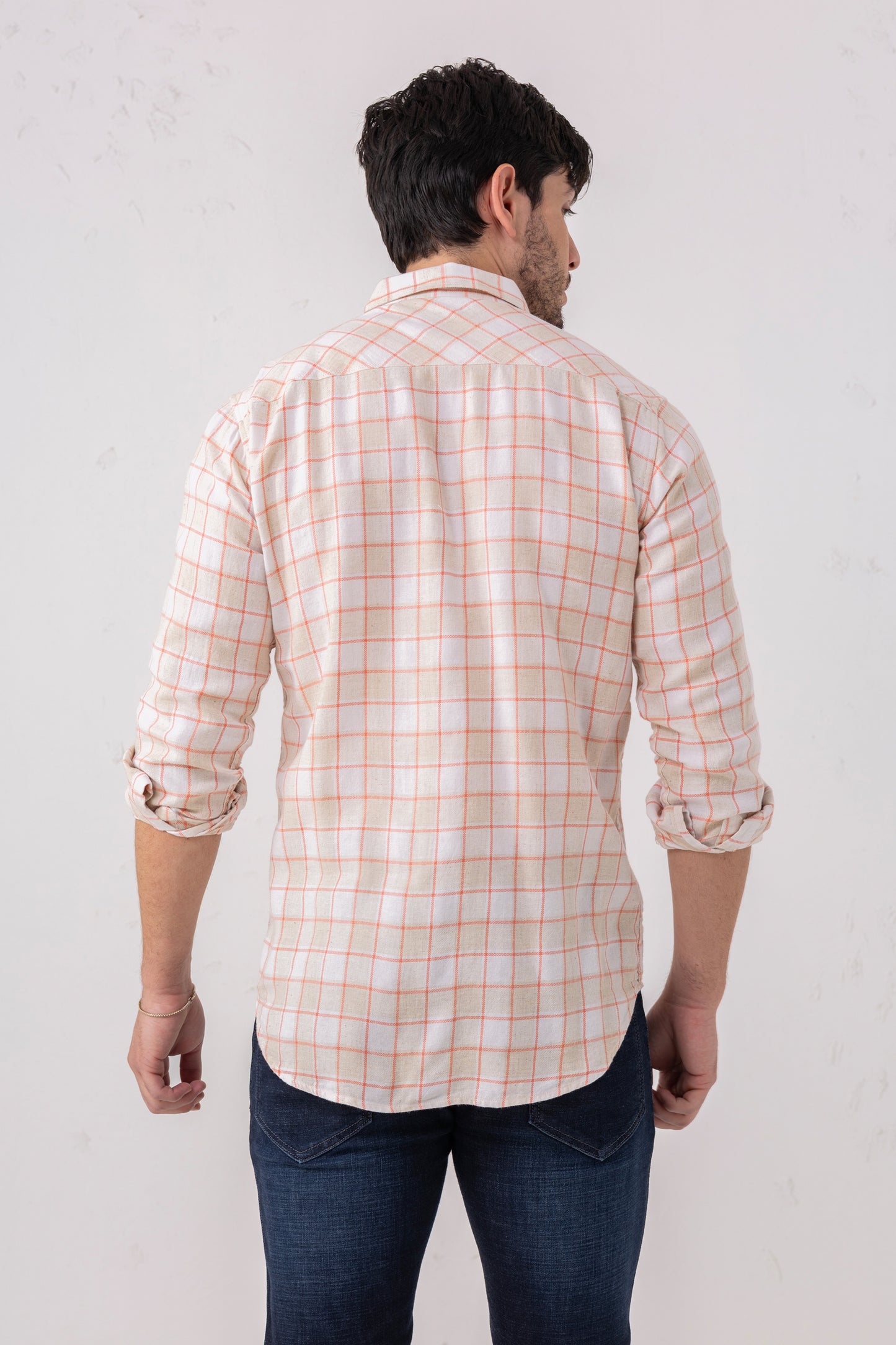 Linen Blend Peach Check Shirt